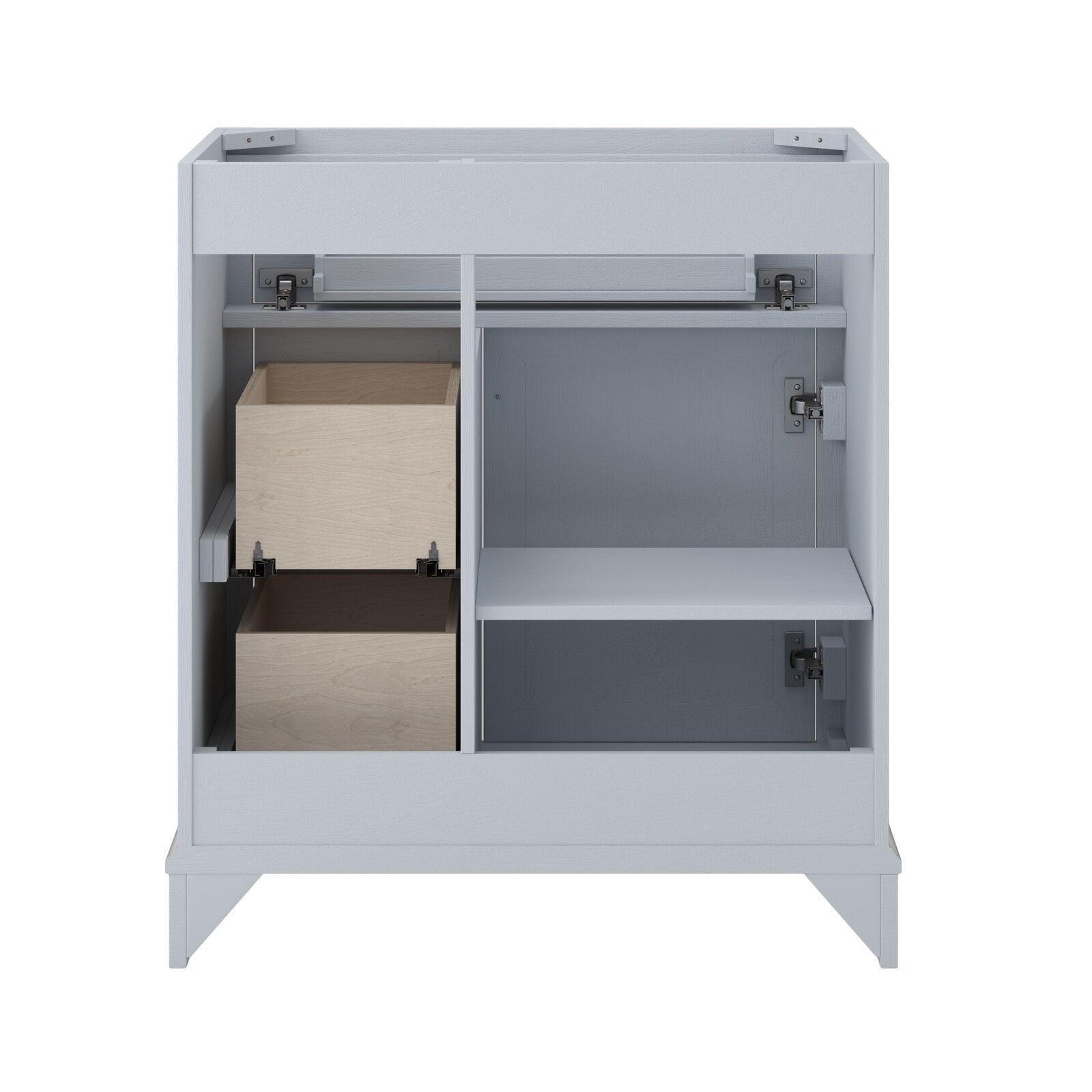 Open-front modern black solid wood bathroom vanity base showing two natural wood pull-out drawers on the left, open shelf and cabinet space on the right, visible soft-close hinges and freestanding legs; no countertop shown.
