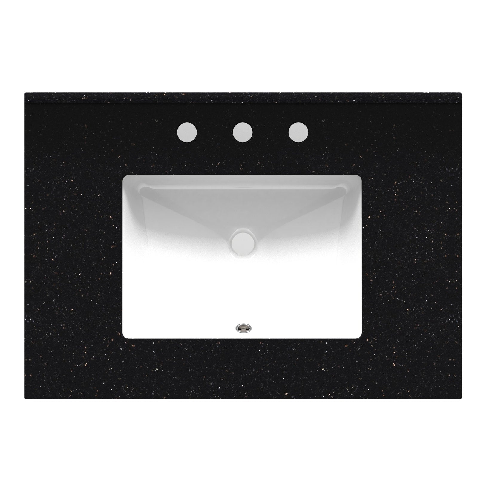 Top-down view of a black quartz vanity top with subtle metallic flecks and a rectangular white ceramic undermount sink, featuring three predrilled faucet holes and a center drain for a modern bathroom vanity.