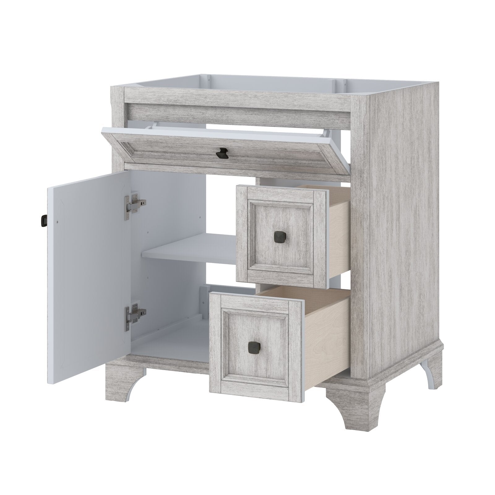 Freestanding 31-inch solid wood single-sink bathroom vanity in a light gray wood finish showing an open left cabinet and two partially extended drawers with black square knobs and interior shelf; countertop not shown.