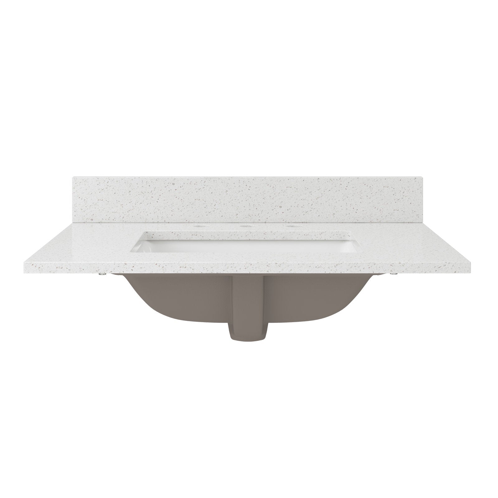 Front view of a modern stone-color vanity top with speckled stone countertop, short backsplash and an integrated rectangular ceramic sink with the basin underside visible.
