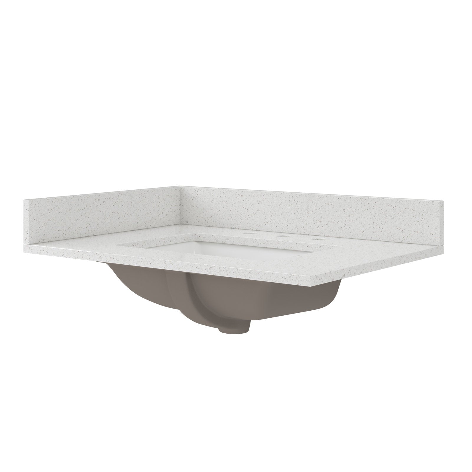 Stone-colored vanity top with integrated rectangular ceramic sink and low rear backsplash, showing the taupe ceramic basin underside beneath the counter.