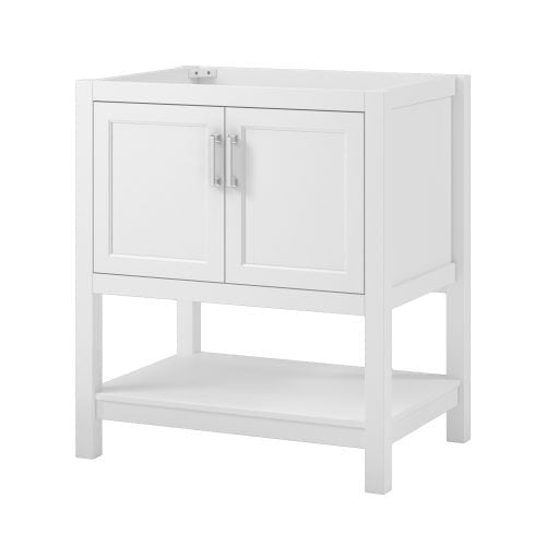 Freestanding modern solid wood single-sink bathroom vanity in stone finish with a rectangular integrated sink, two paneled cabinet doors with metal pulls and an open lower shelf for storage.