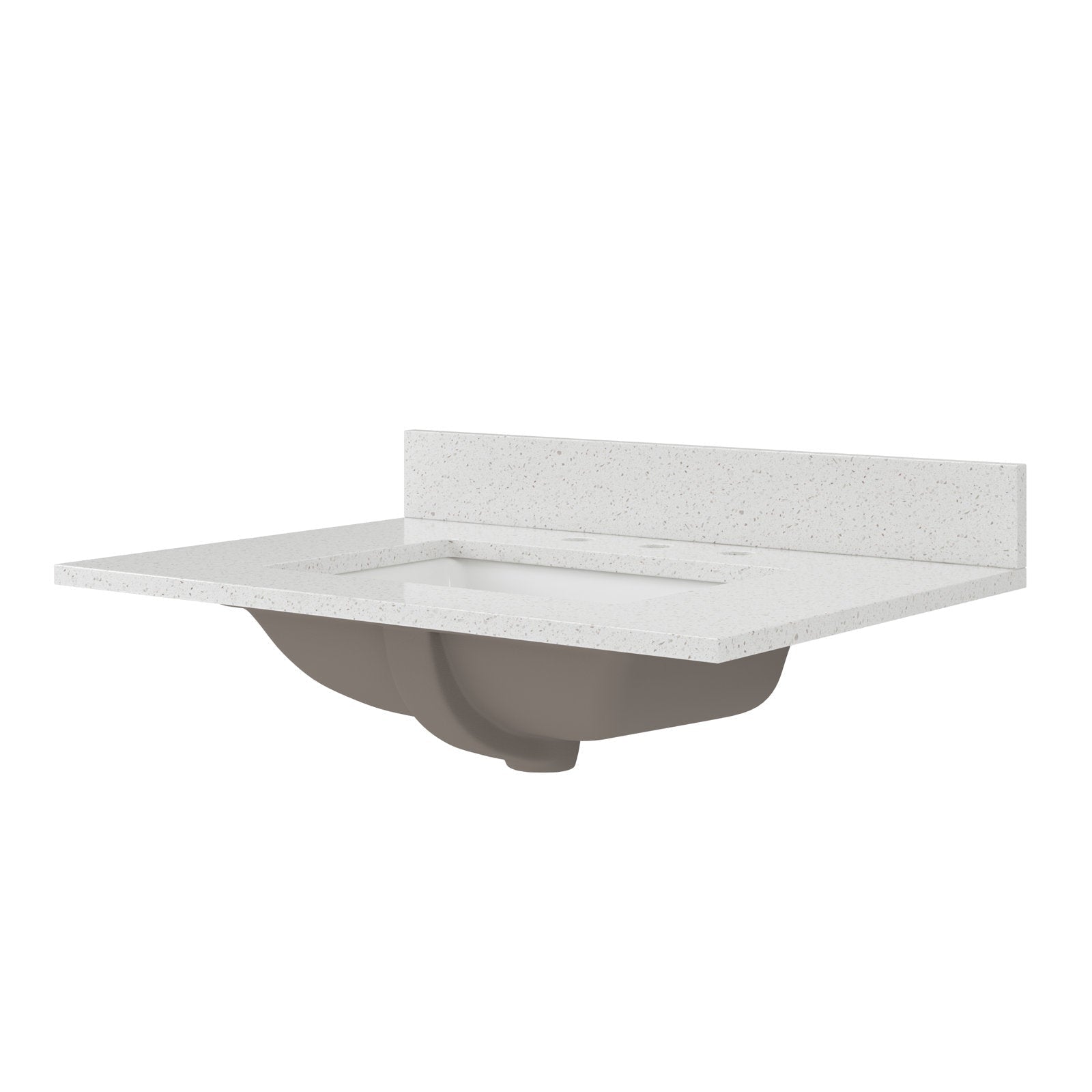 Stone-colored speckled vanity top with matching backsplash and an integrated rectangular ceramic undermount sink, shown at an angle to highlight the modern single-sink freestanding design.