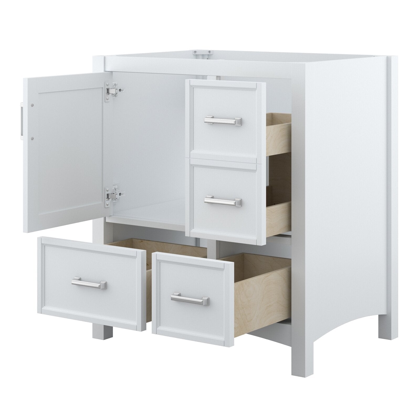 White solid wood freestanding bathroom vanity base in a modern style, shown with the left cabinet door and several drawers open to reveal natural wood interiors and silver bar handles.
