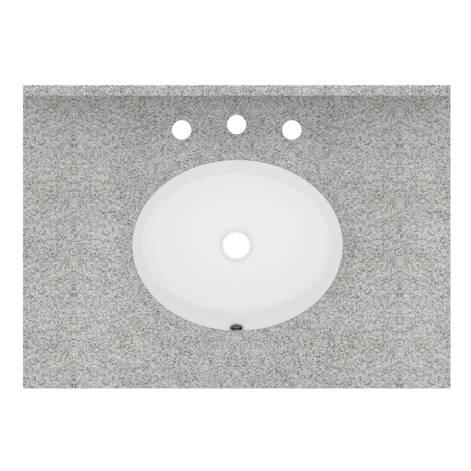 Top-down view of a speckled stone countertop with a white oval undermount ceramic sink, center drain and three pre-drilled faucet holes for a single-sink bathroom vanity.