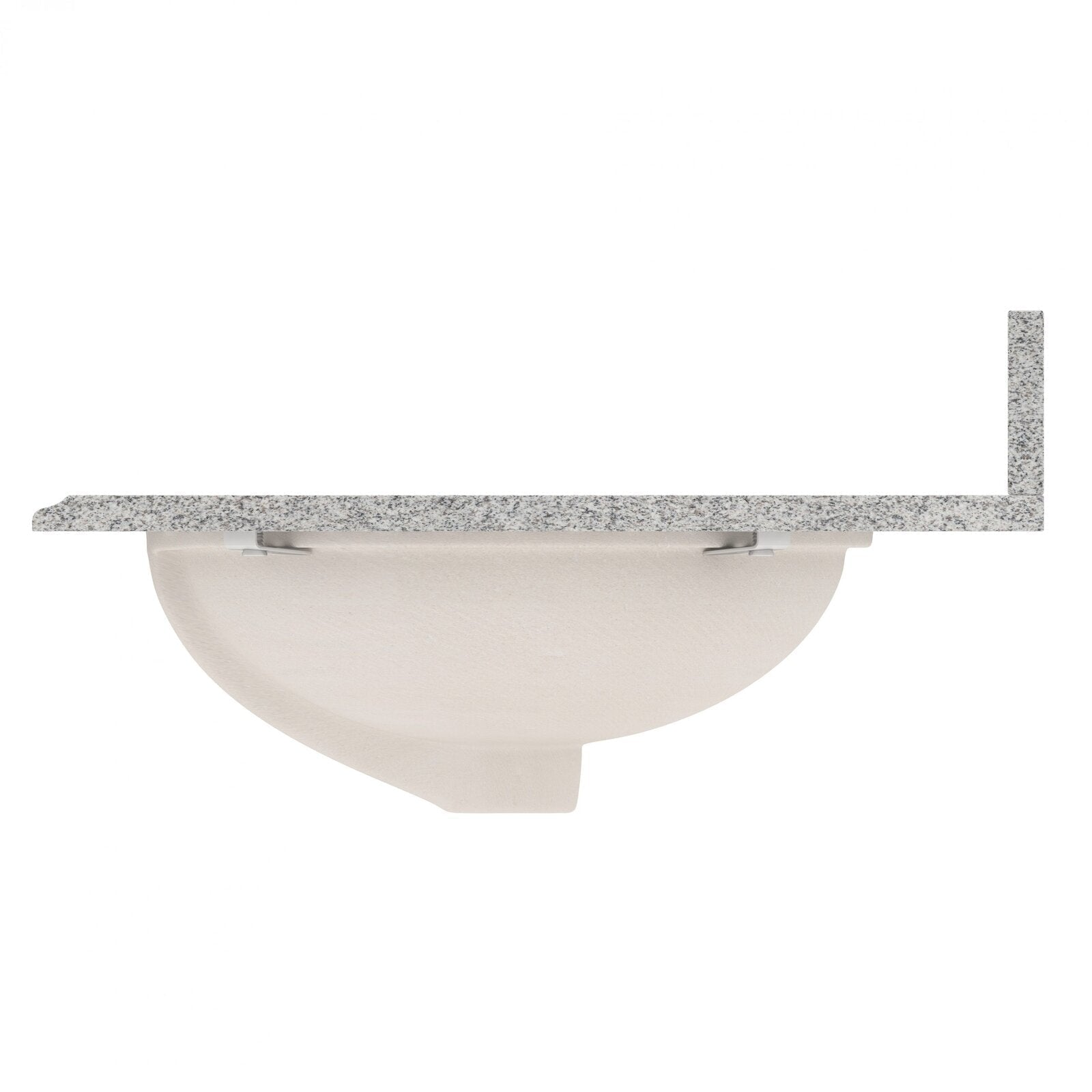 Underside view of a beige ceramic undermount sink attached to a speckled stone countertop, showing metal mounting clips and a short right-side stone backsplash.