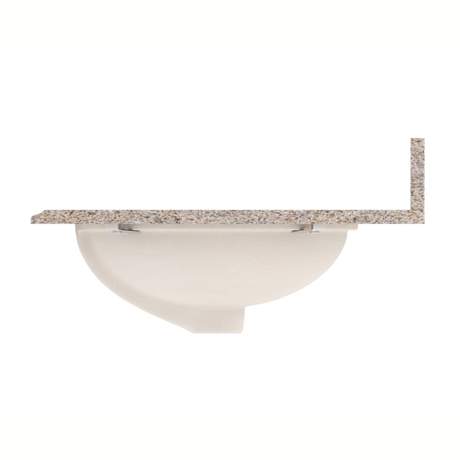 Undermount beige ceramic sink fastened beneath a speckled beige stone countertop with a short right-side backsplash, showing metal mounting clips and the bowl's underside.