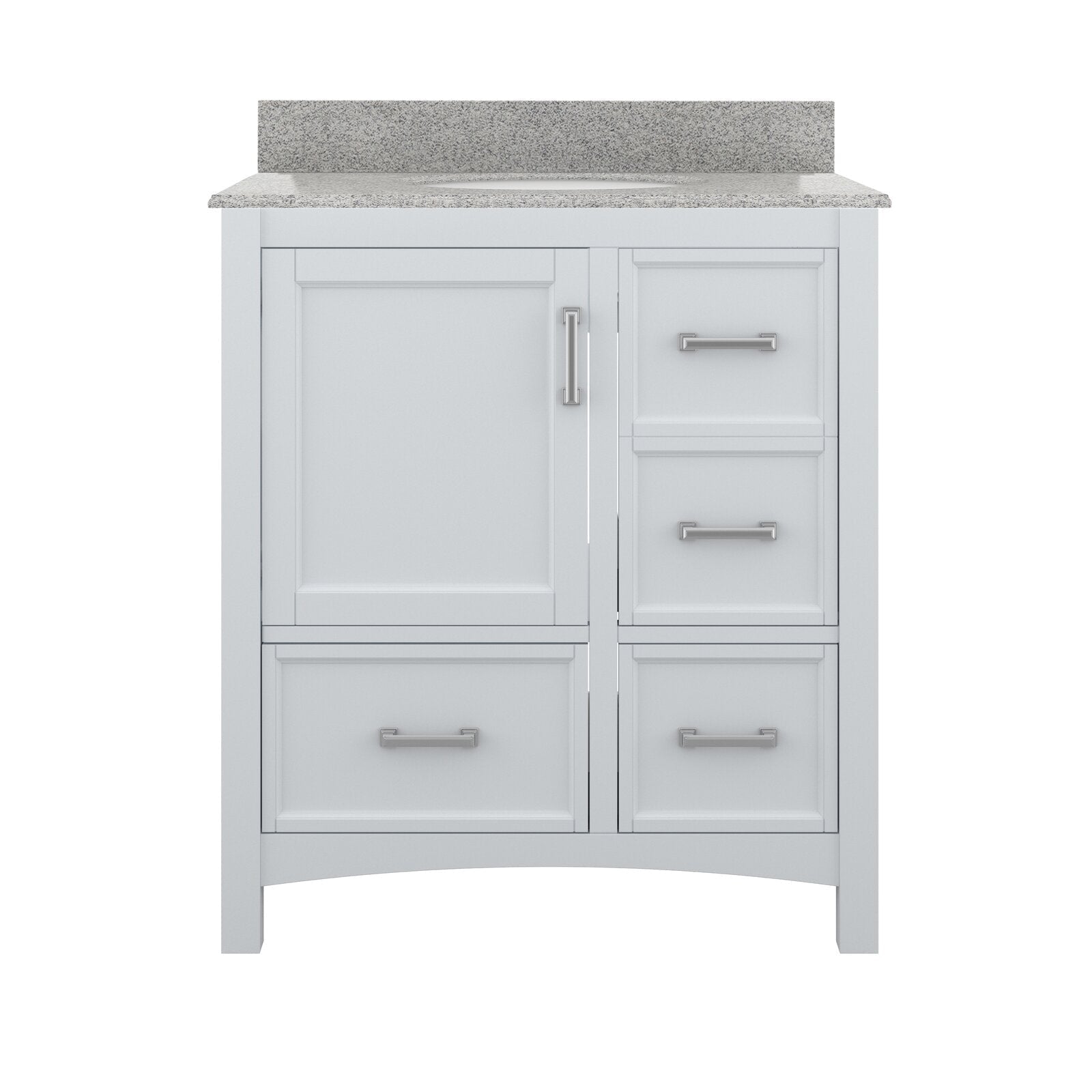 Front view of a 31-inch white solid wood freestanding bathroom vanity with a stone countertop and backsplash, one cabinet door and four drawers with satin metal handles in a modern contemporary style.
