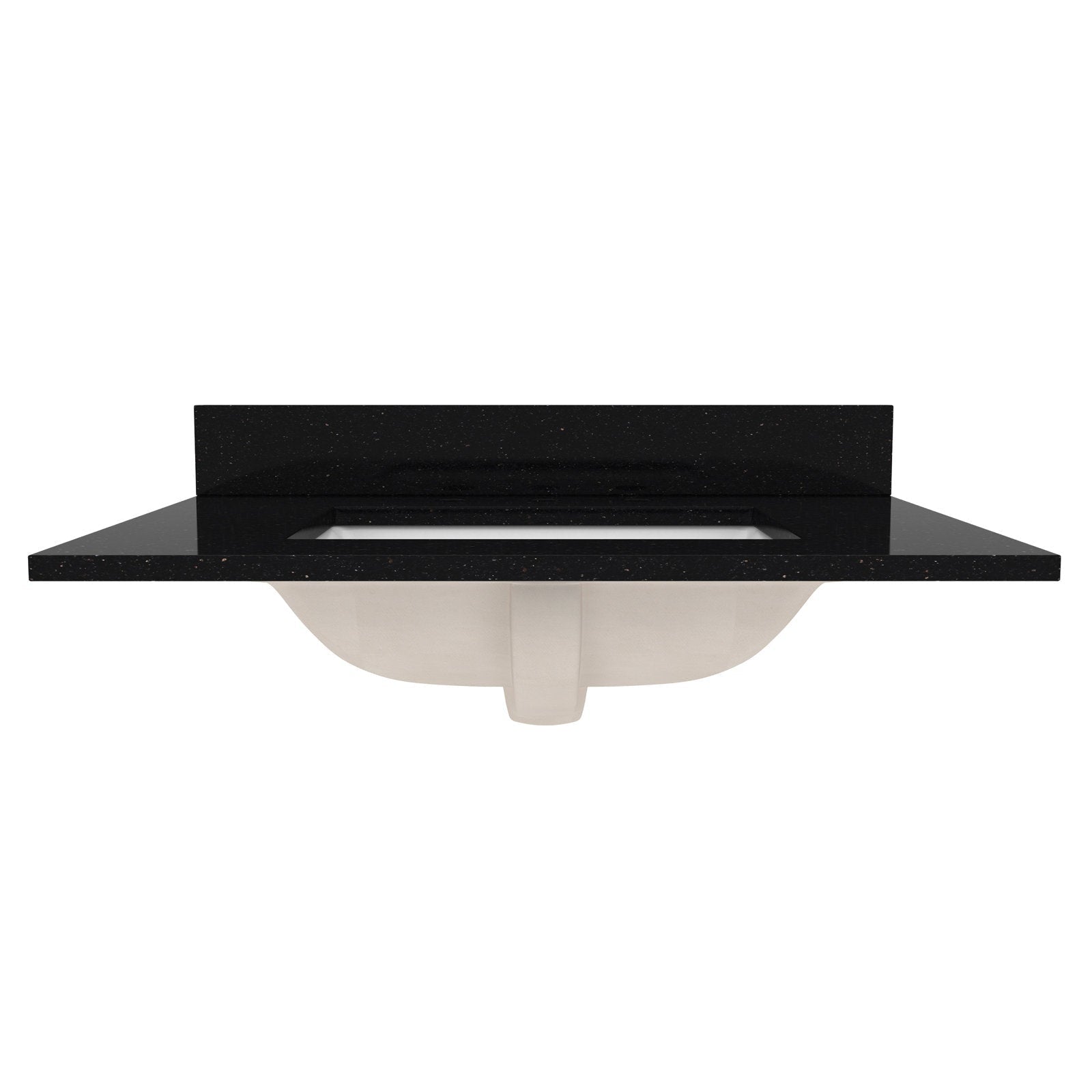 31-inch black quartz vanity top with matching low backsplash and rectangular white undermount ceramic sink, shown front-on against a white background.
