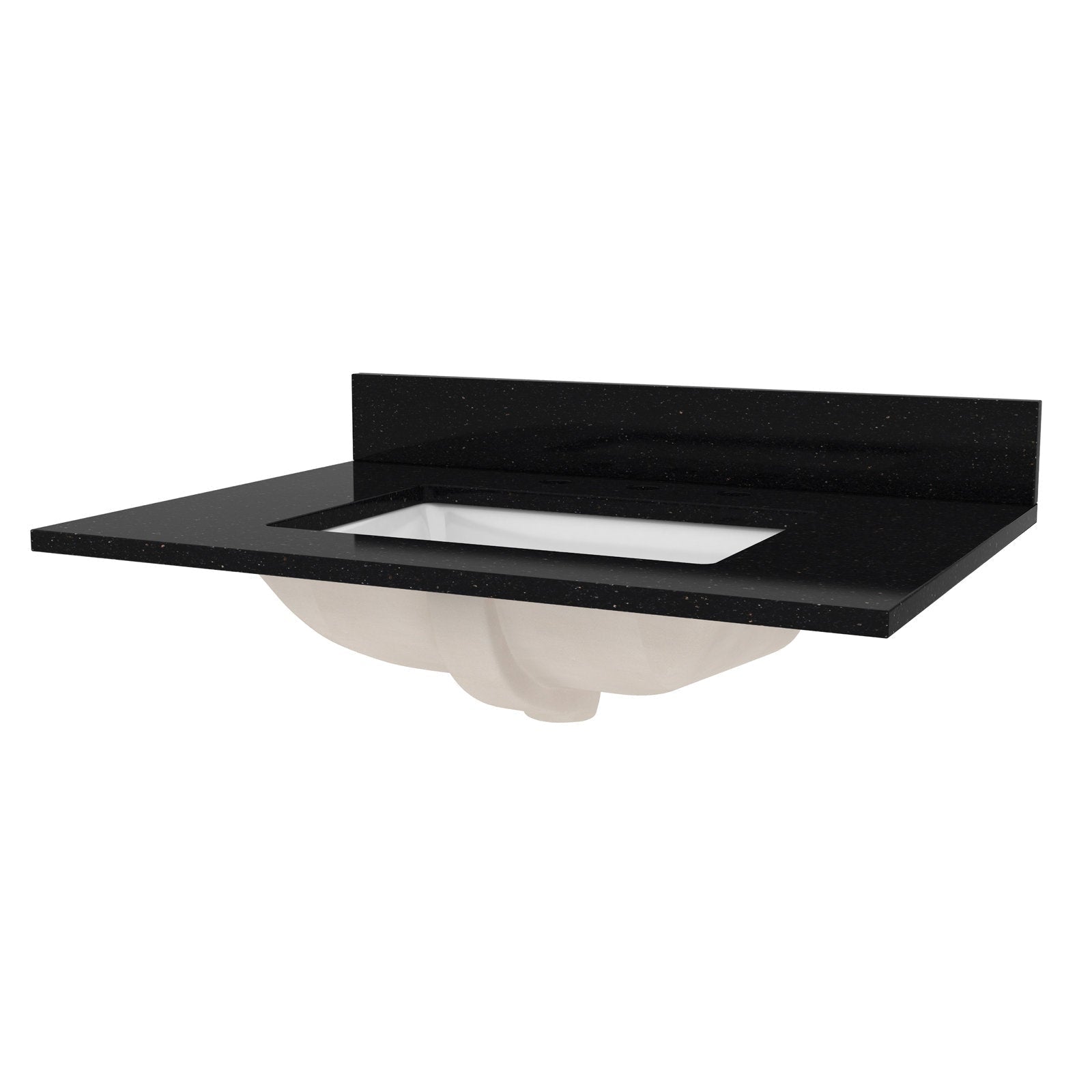 Black quartz vanity top with matching backsplash and a rectangular white ceramic undermount sink, photographed without the wooden base; modern contemporary single-sink bathroom vanity component.