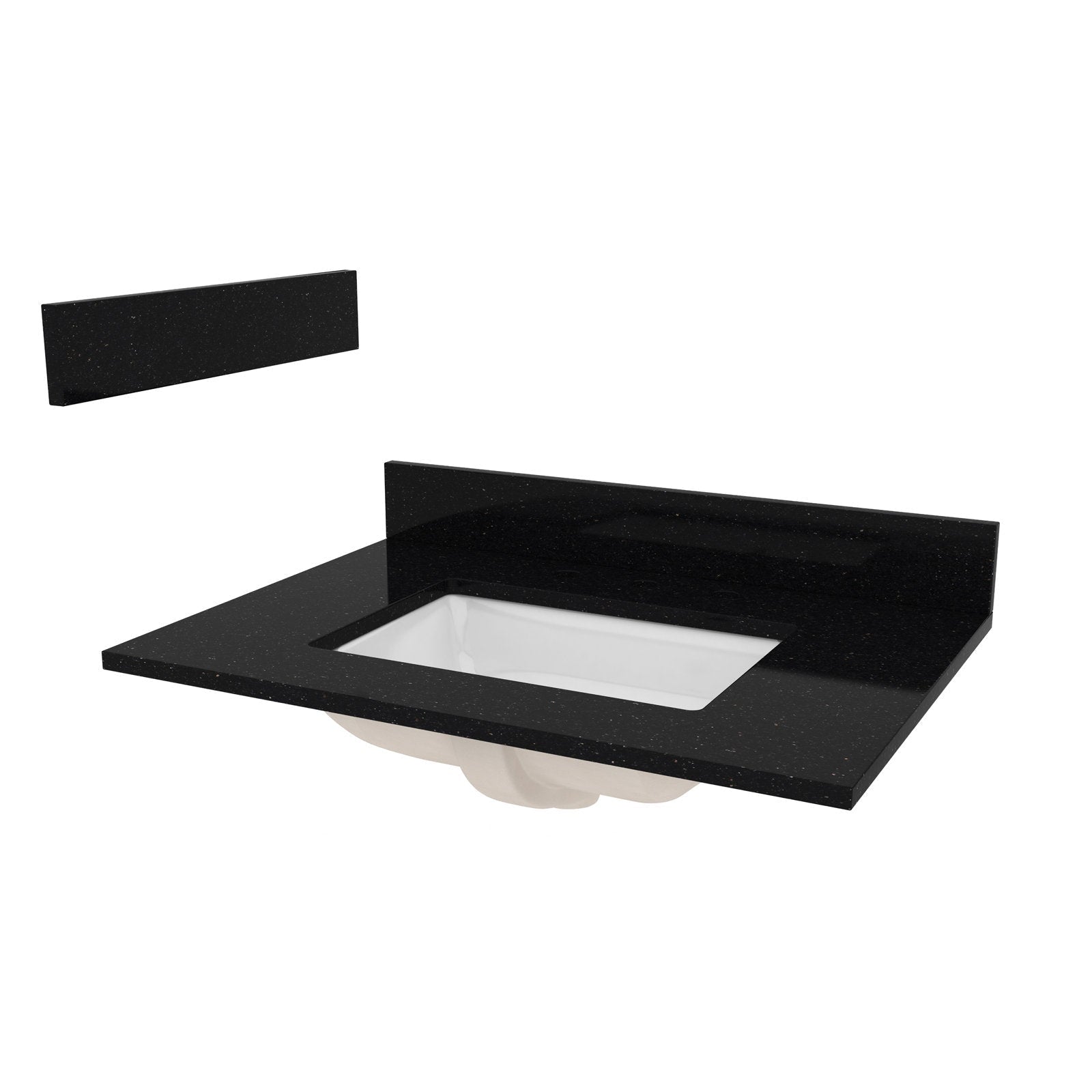 Black quartz vanity top with an inset rectangular white ceramic sink and a low matching black quartz backsplash, shown isolated on a white background with a separate matching backsplash piece.
