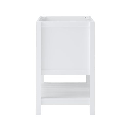31-inch white solid wood single-sink vanity base with recessed top frame for sink and an open lower shelf, freestanding modern-contemporary bathroom vanity with clean straight lines