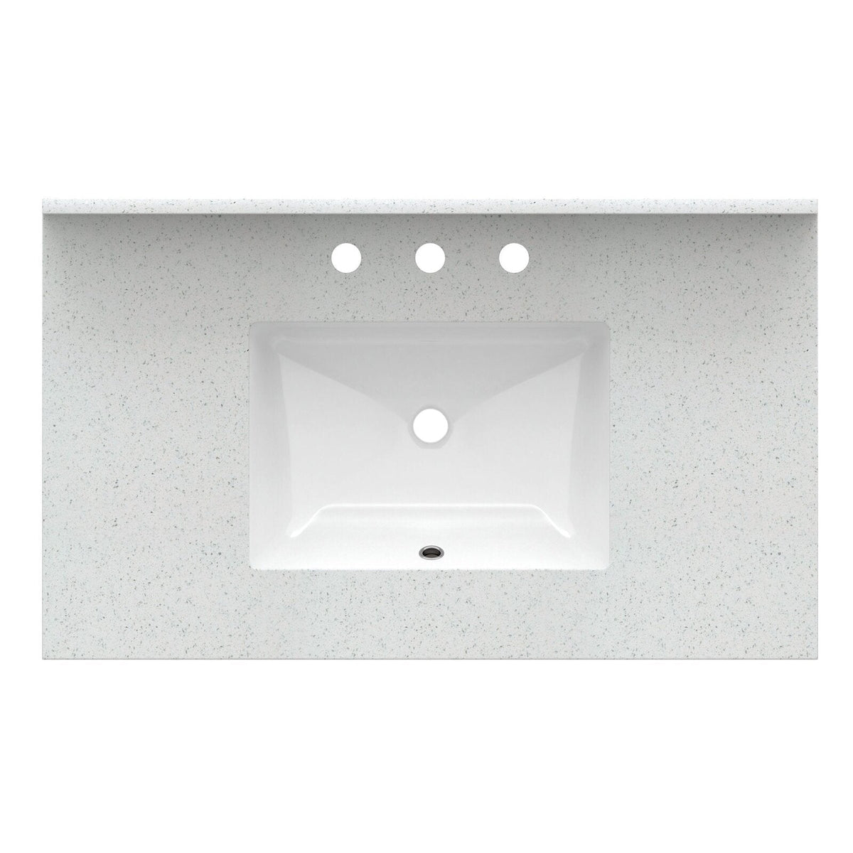 Top-down view of a stone-colored countertop with a white rectangular ceramic sink, three pre-drilled faucet holes above the basin and a center drain, shown for a modern 37-inch single-sink bathroom vanity.