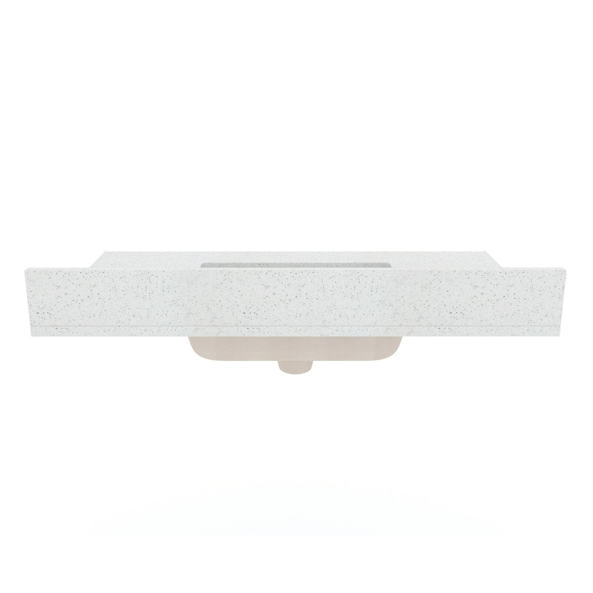 Front-facing top view of a white speckled marble vanity top with an integrated rectangular sink basin and the beige underside of the bowl visible beneath, designed for a single-sink glam bathroom.