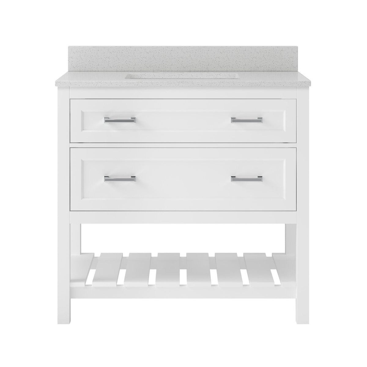 Freestanding white solid-wood 37-inch bathroom vanity with white speckled marble top and integrated rectangular sink, two drawers with chrome bar pulls and an open slatted shelf at the base.