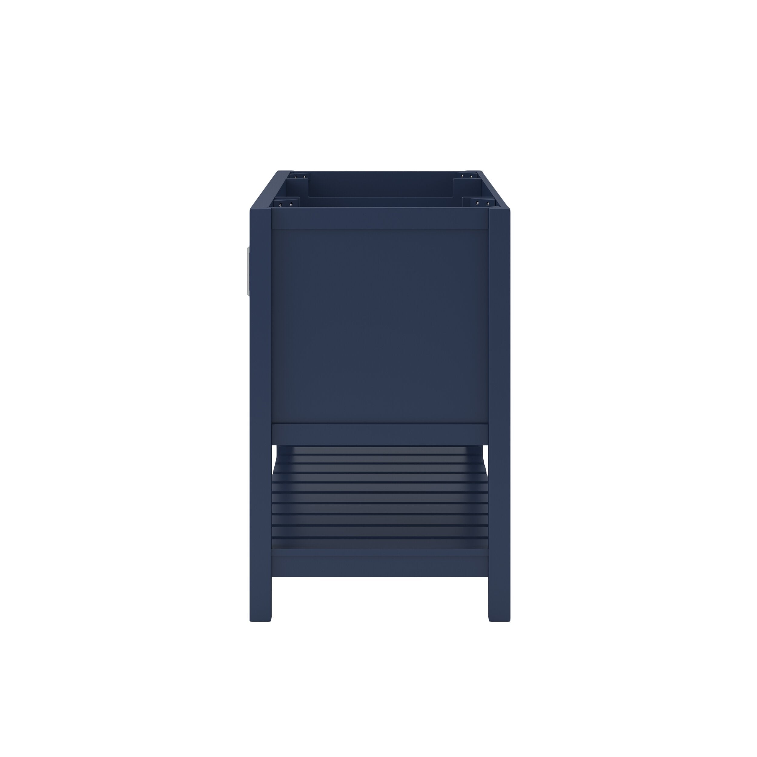 Side view of a 49-inch modern solid wood single-sink bathroom vanity in black with an open top for a quartz countertop, straight legs and a slatted lower shelf for storage.