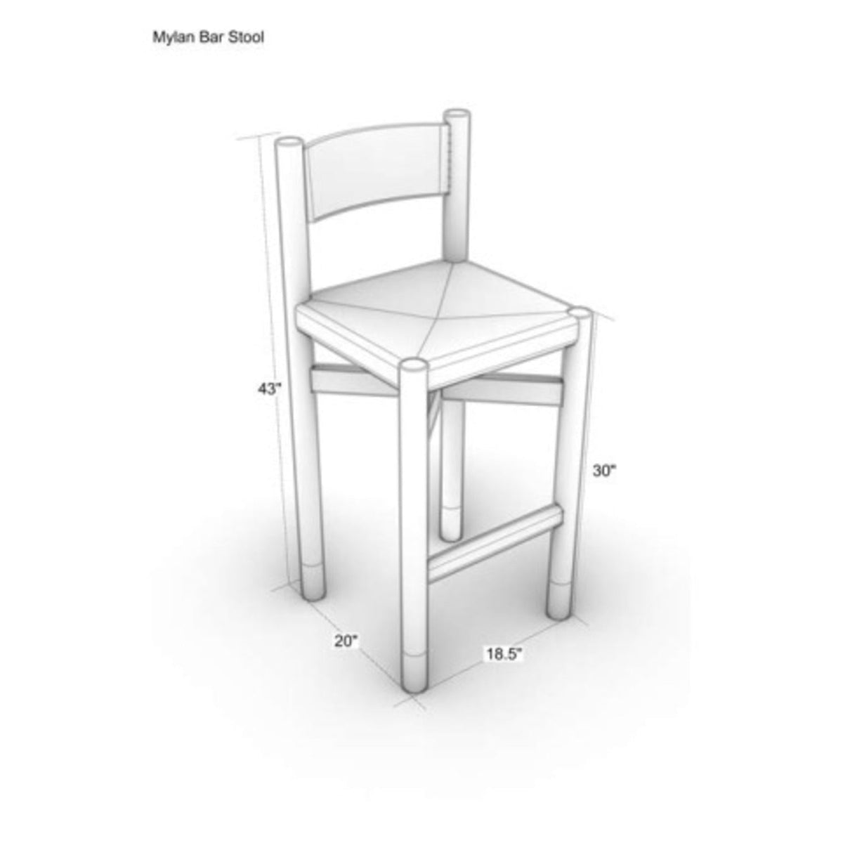 Monochrome technical sketch of an oak papercord bar stool showing rounded legs, a woven seat and back, and dimension callouts from a three-quarter view (43" overall height, 30" bar height, 20" depth, 18.5" width).