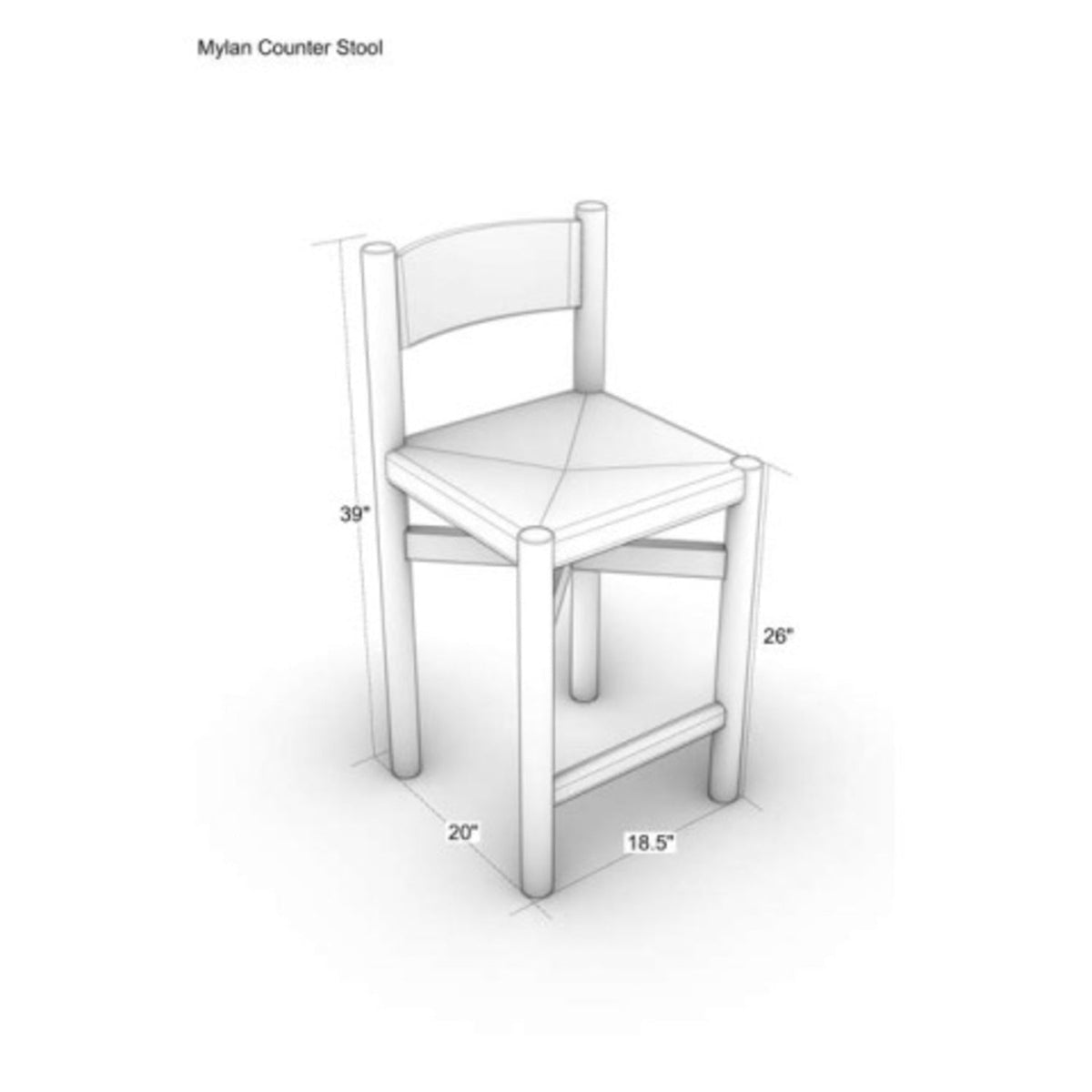 Technical line drawing of a solid oak counter stool with a woven papercord seat and curved back plank, shown with labeled dimensions: 39" overall height, 26" seat height, 20" depth and 18.5" width.
