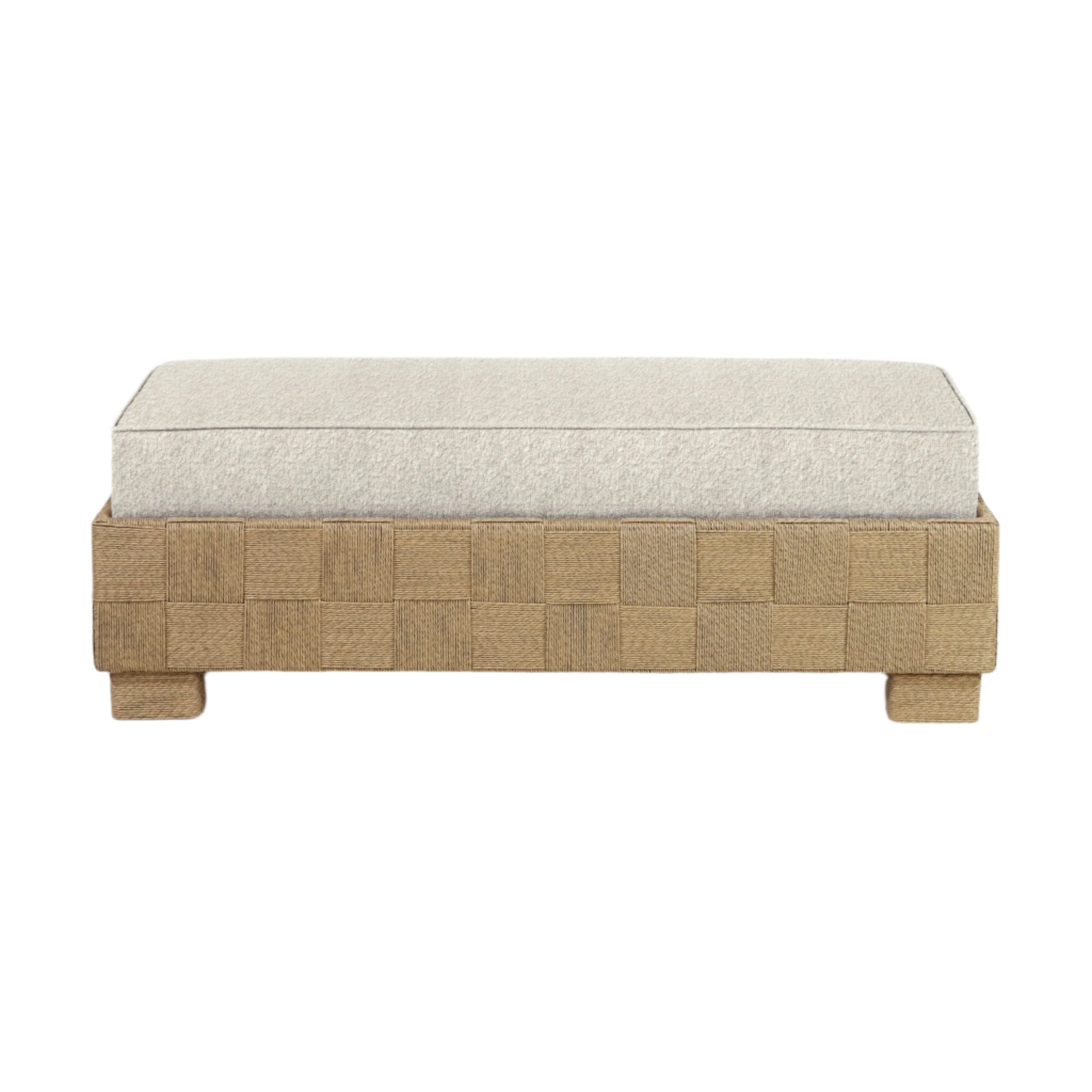 End-of-bed bench with a cream boucle upholstered cushion atop a natural seagrass woven base with short block feet, modern coastal styling shown on a white background.