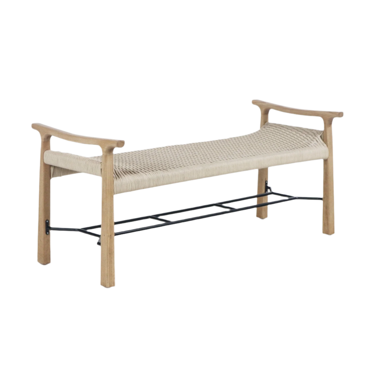 Beige woven rope-seat entryway bench with a natural wood frame, sculpted armrests and a black metal shoe rack underneath in a modern Scandinavian style.