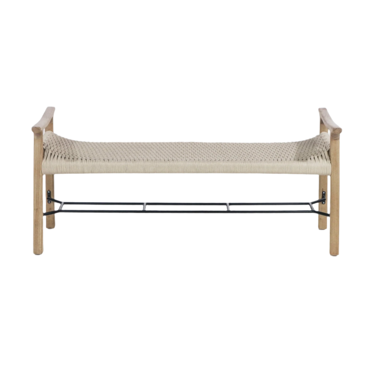 Beige woven rope-seat entryway bench with a natural wood frame, short curved armrests and a black metal shoe rack underneath, photographed on a white background.