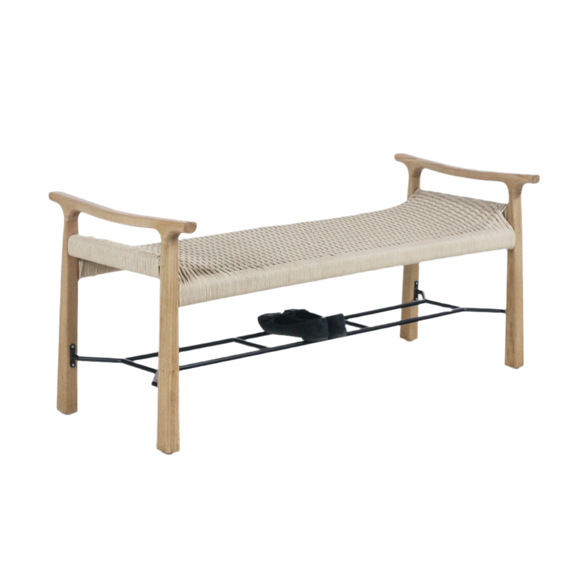 Beige woven rope-seat entryway bench with a natural wood frame and sculpted arms, featuring a black metal shoe rack underneath holding a pair of black shoes on a white background.