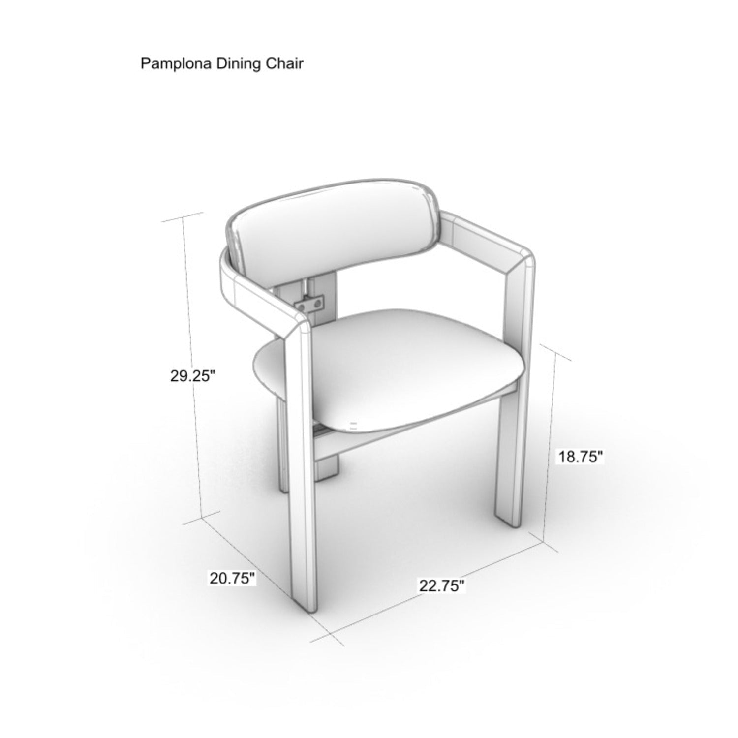 Isometric line drawing of a teak-framed dining chair with beige leather upholstered curved back, cushioned seat and open wooden arms, annotated with dimensions: 29.25 in H, 18.75 in seat H, 22.75 in W, 20.75 in D.
