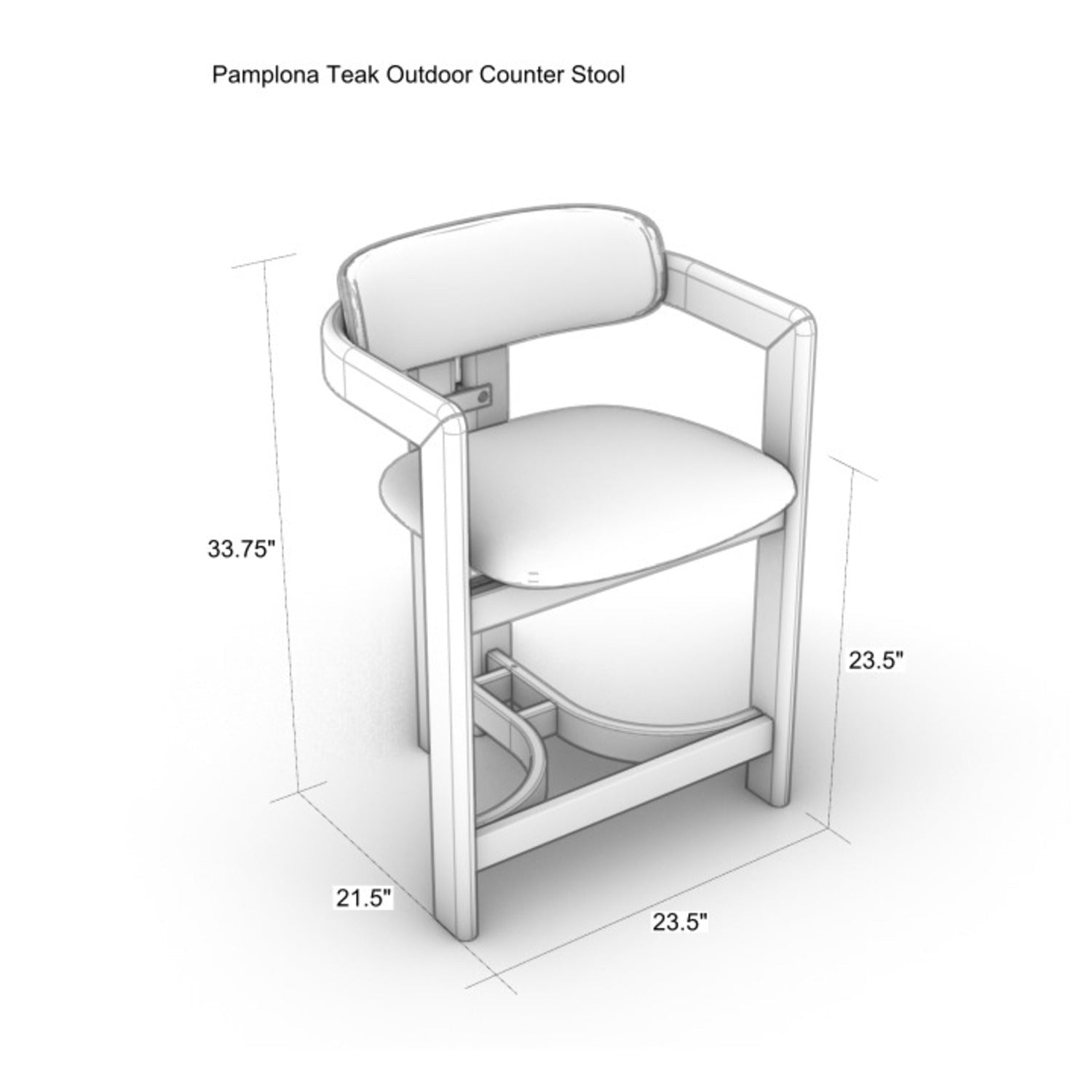 Isometric line drawing of a teak outdoor counter stool with upholstered curved back and seat cushion, annotated with dimensions: 33.75 in overall height, 23.5 in seat height, 23.5 in width and 21.5 in depth.
