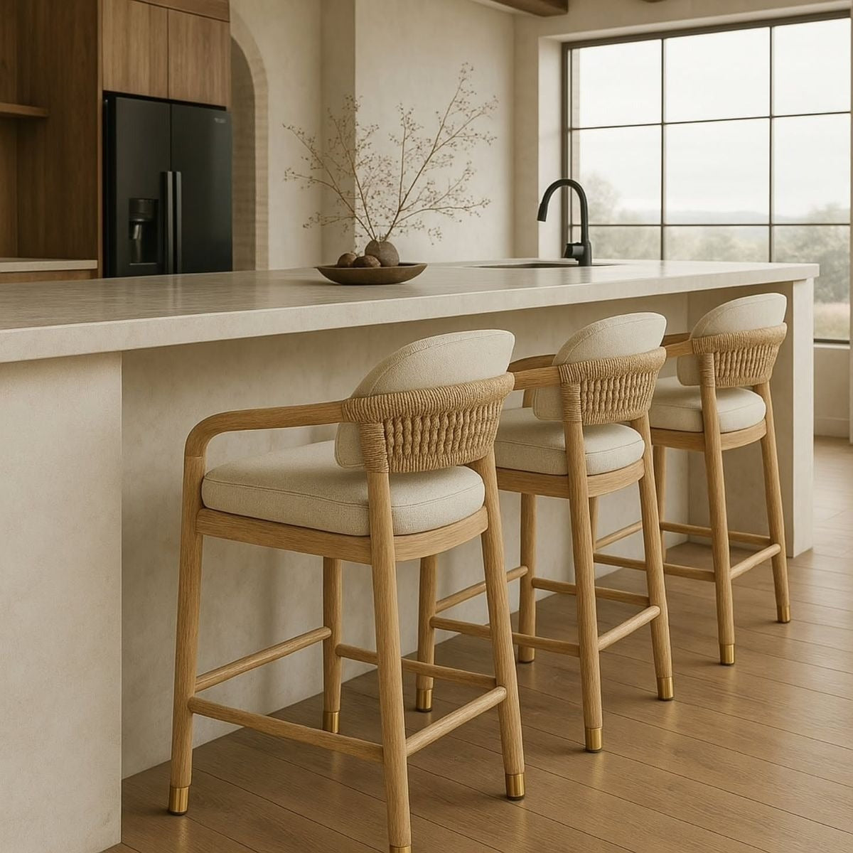 Three Oak-framed bar stools with woven natural rope backs, cream upholstered seats and supportive arms, brass-capped feet, arranged along a light stone kitchen island in a coastal-contemporary setting.