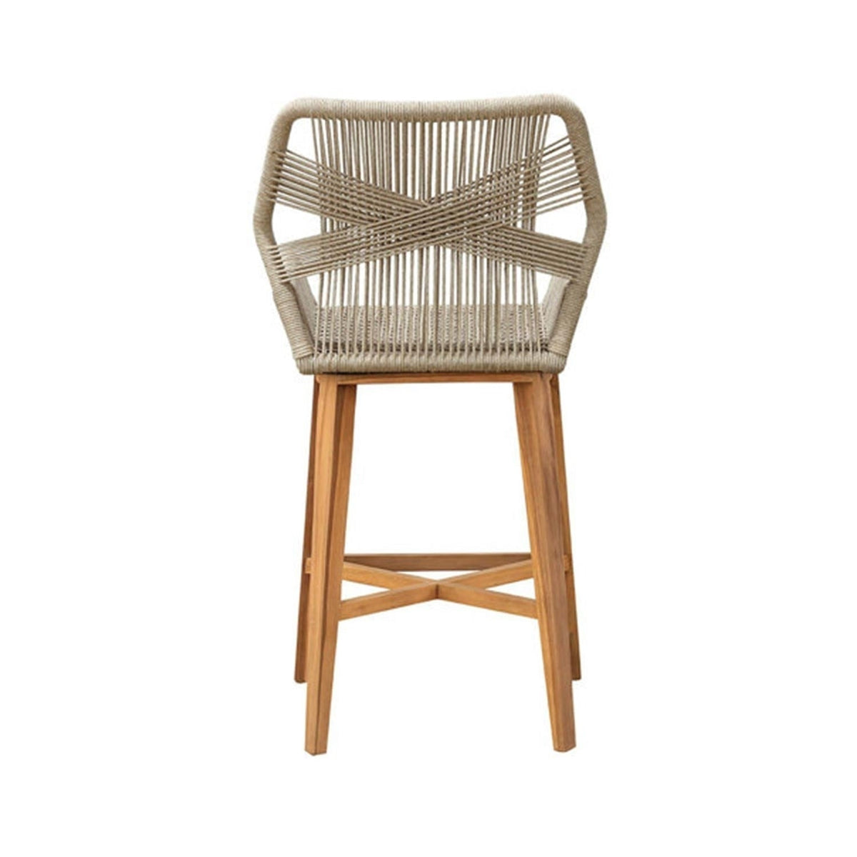 Front-facing natural teak bar stool with beige woven rope back and seat, angled solid wood legs and crossed stretcher for foot support; coastal contemporary outdoor design.