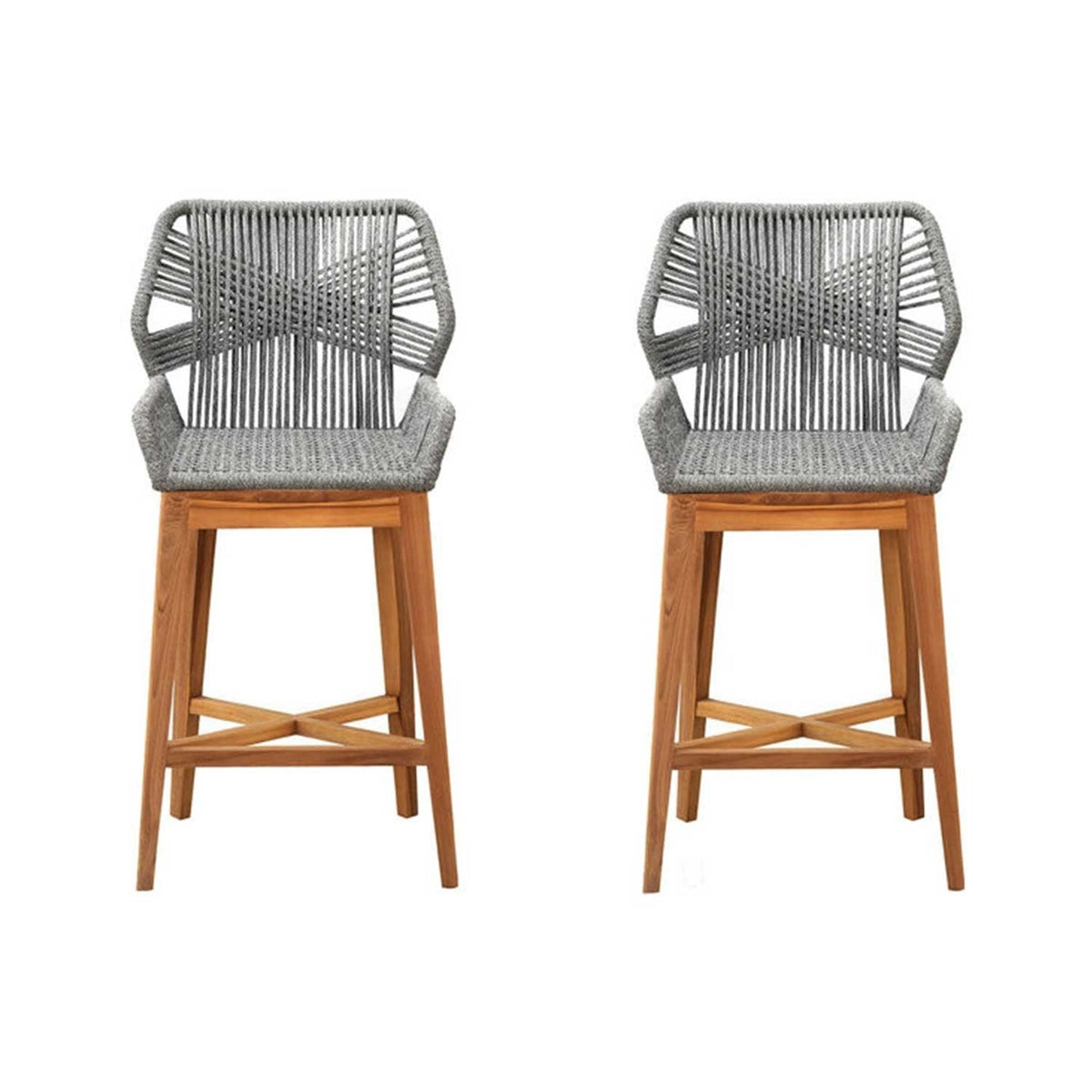Two outdoor counter-height bar stools with natural teak wood frames and cross-brace footrests, featuring grey woven rope seats and sculpted rope backs with integrated arm supports in a coastal-contemporary style.