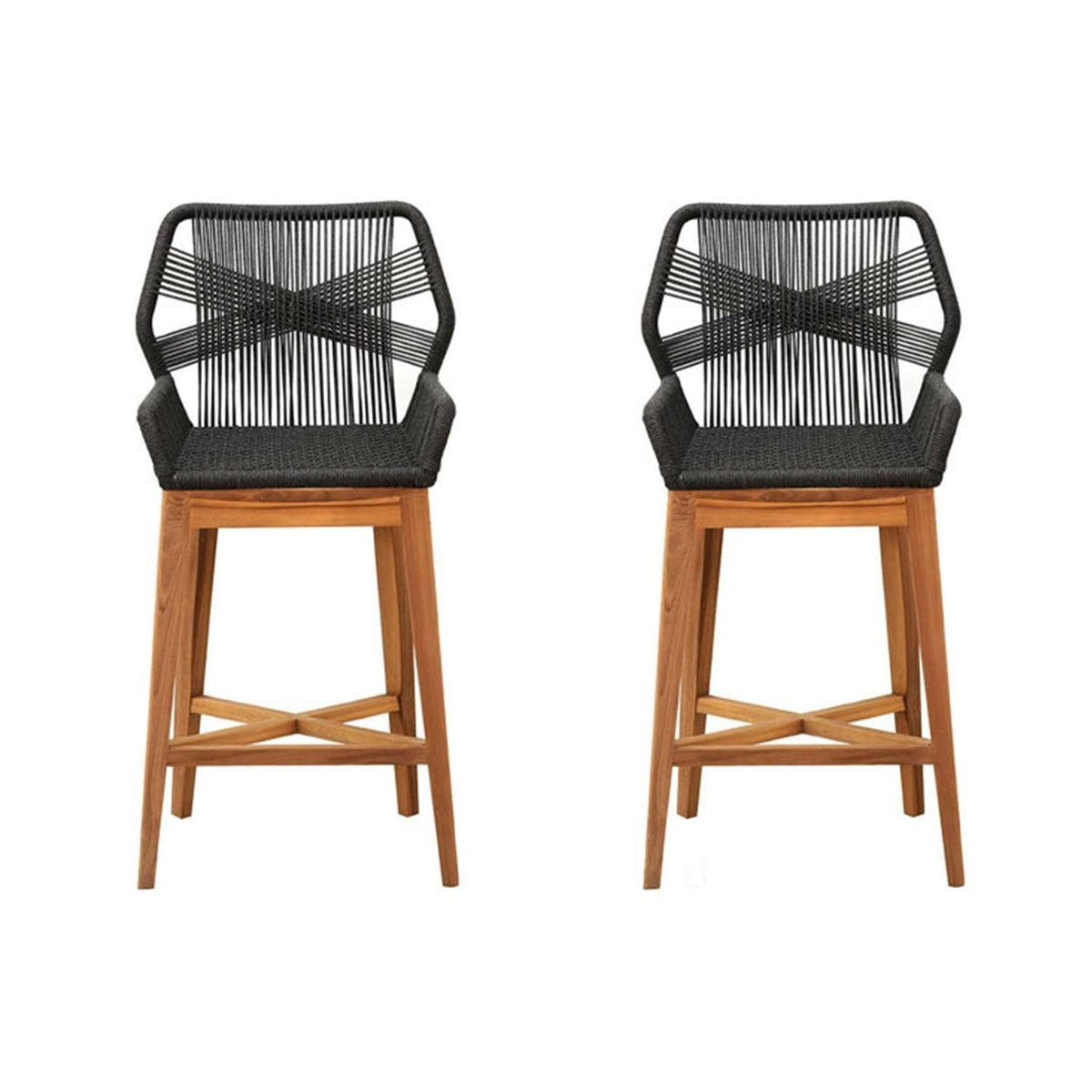 Two teak outdoor bar stools with natural wood frames and black woven rope seats and backs, featuring angular legs, footrests and a crisscross rope-back pattern, shown side-by-side on a white background.