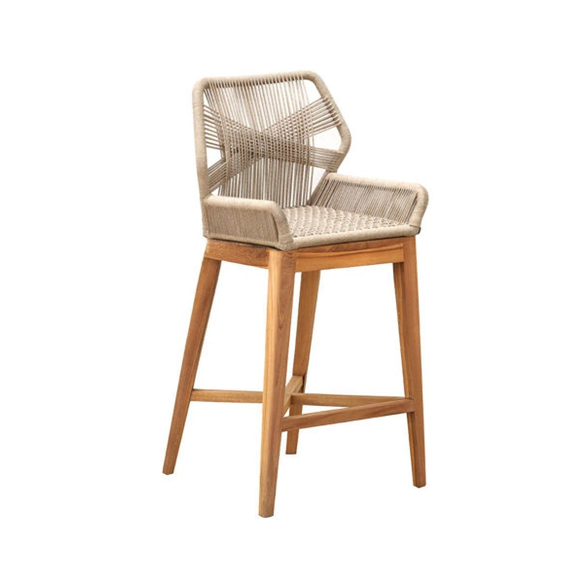 Teak outdoor bar stool with natural beige woven rope seat, low back and integrated armrests, solid teak legs and crossbar footrest in a coastal contemporary style.