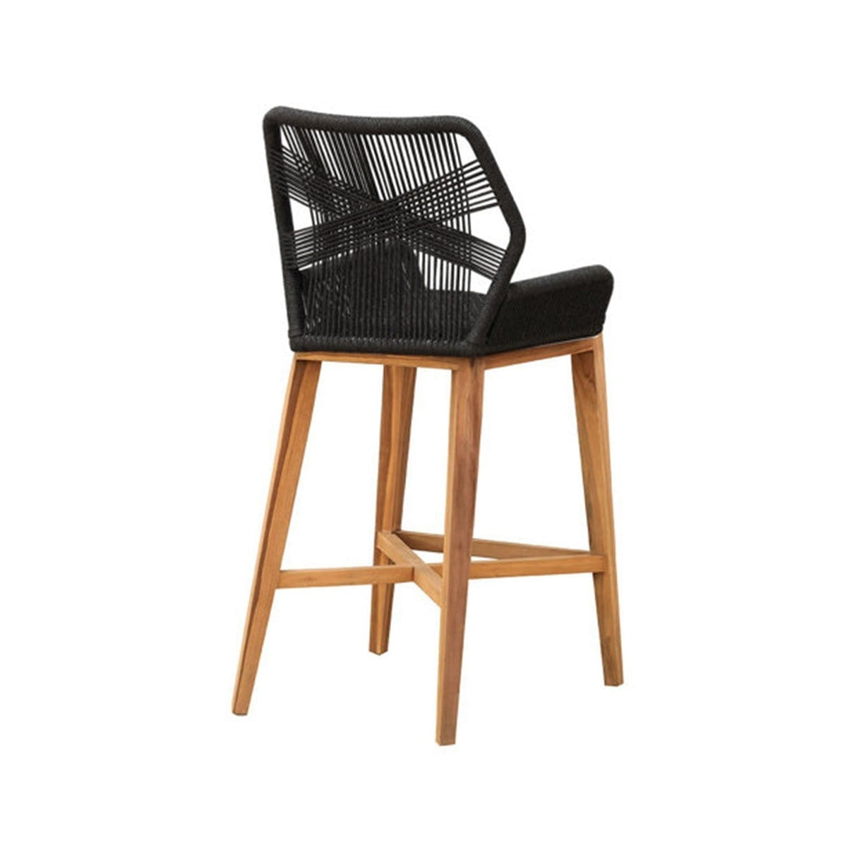 Counter-height outdoor bar stool with natural teak wood legs, black woven rope backrest and a padded black seat, featuring a cross-braced footrest in a coastal-contemporary style.