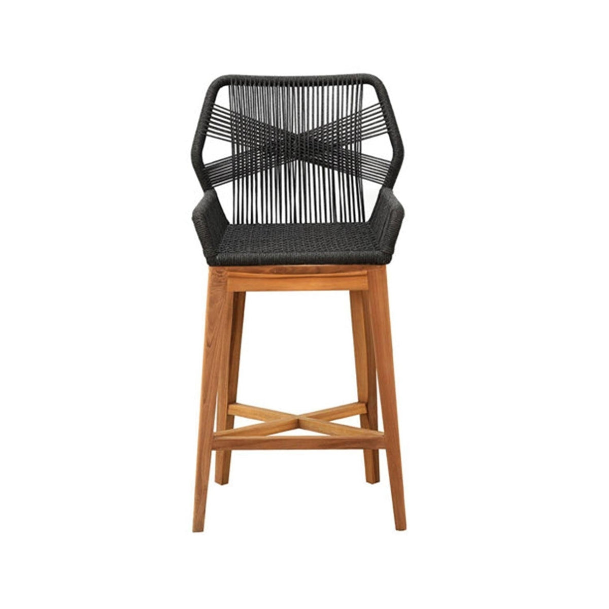 Natural teak wood outdoor bar stool with angled legs and X-shaped stretcher, topped by a black woven rope seat and open geometric rope back with low integrated armrests.