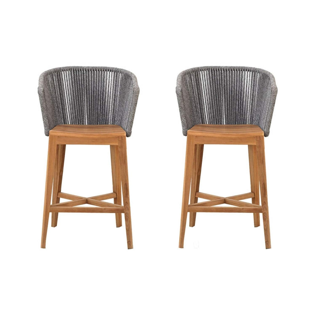 Two natural teak outdoor bar stools with curved grey woven rope backs, flat teak seats and tapered legs connected by an X-shaped footrest, shown as a pair for coastal contemporary kitchen or patio seating.