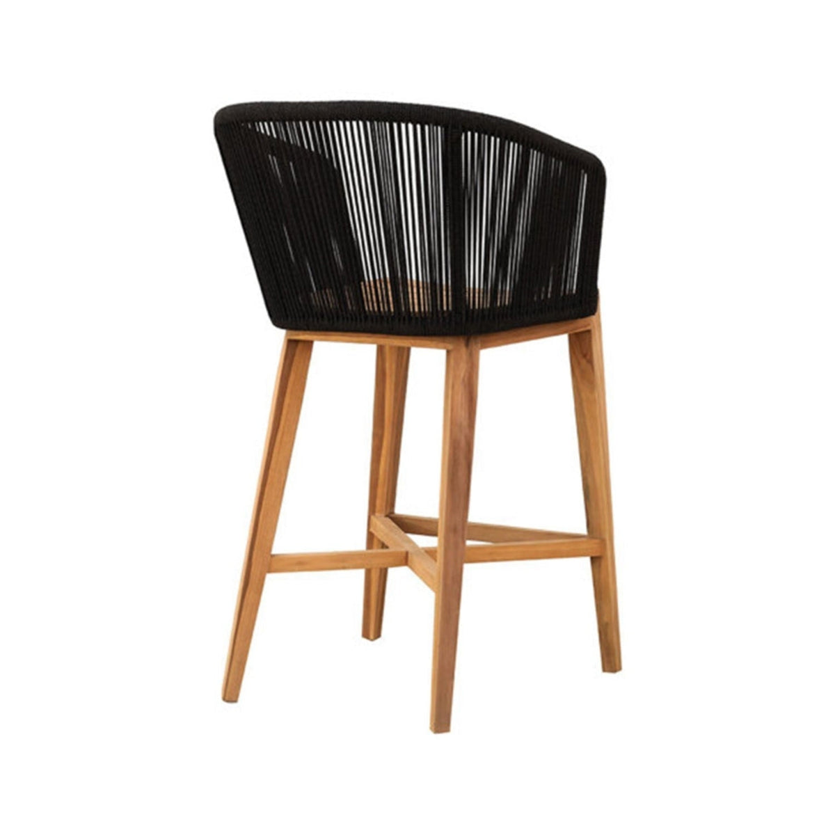 Counter-height outdoor bar stool with natural teak legs and frame, cross-braced footrest and a black woven rope back surrounding a padded seat, ideal for coastal or contemporary kitchen and patio settings.