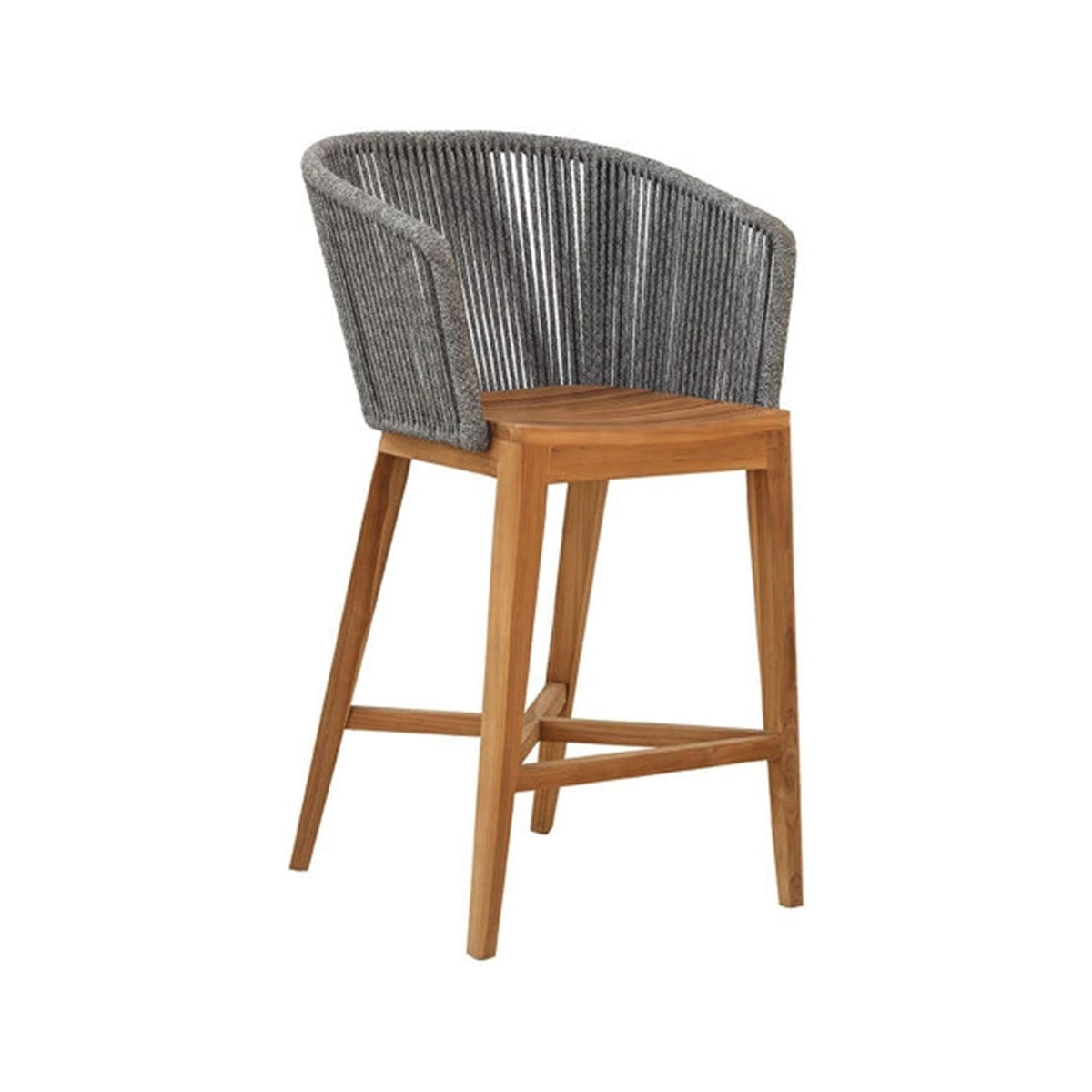 Outdoor counter-height stool with a natural teak wood frame and seat, featuring a curved gray woven rope back and sides for a modern coastal look.