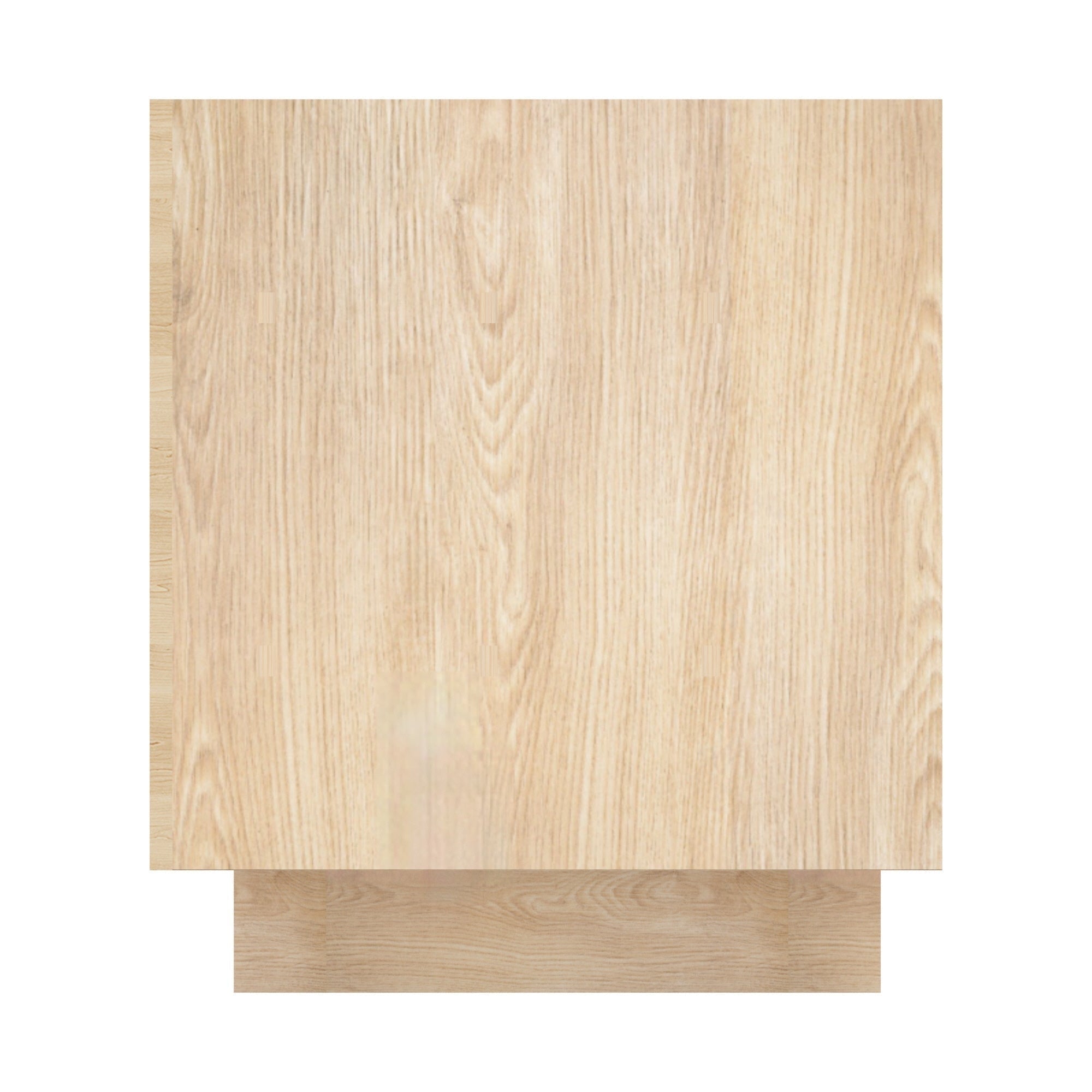 Top-down view of a modern nightstand in natural light wood with visible wood grain, showing a square tabletop and a recessed rectangular plinth base in a beige finish.