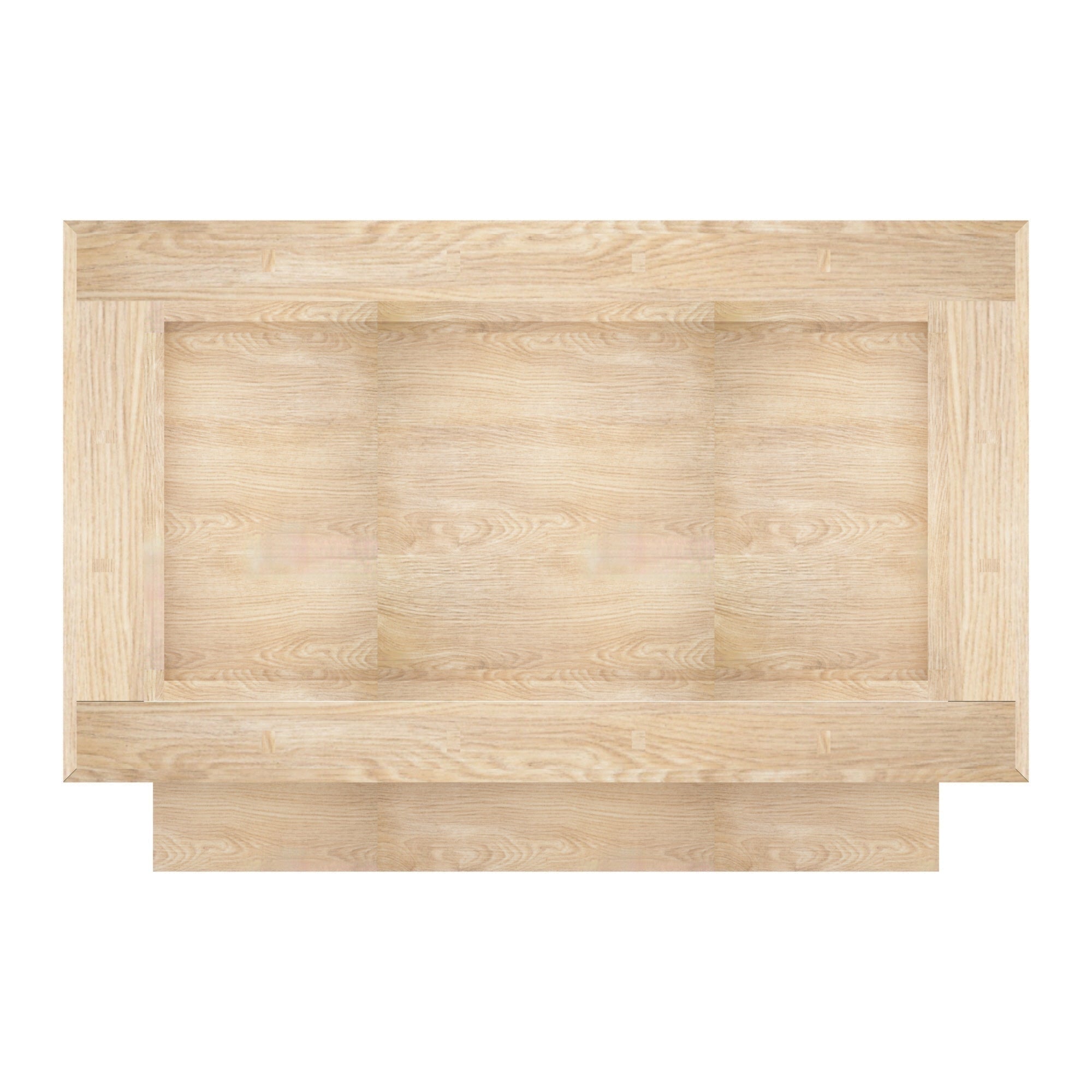 Top-down view of a modern nightstand’s light natural wood top showing a recessed central panel, mitered frame edges, and subtle oak grain texture.