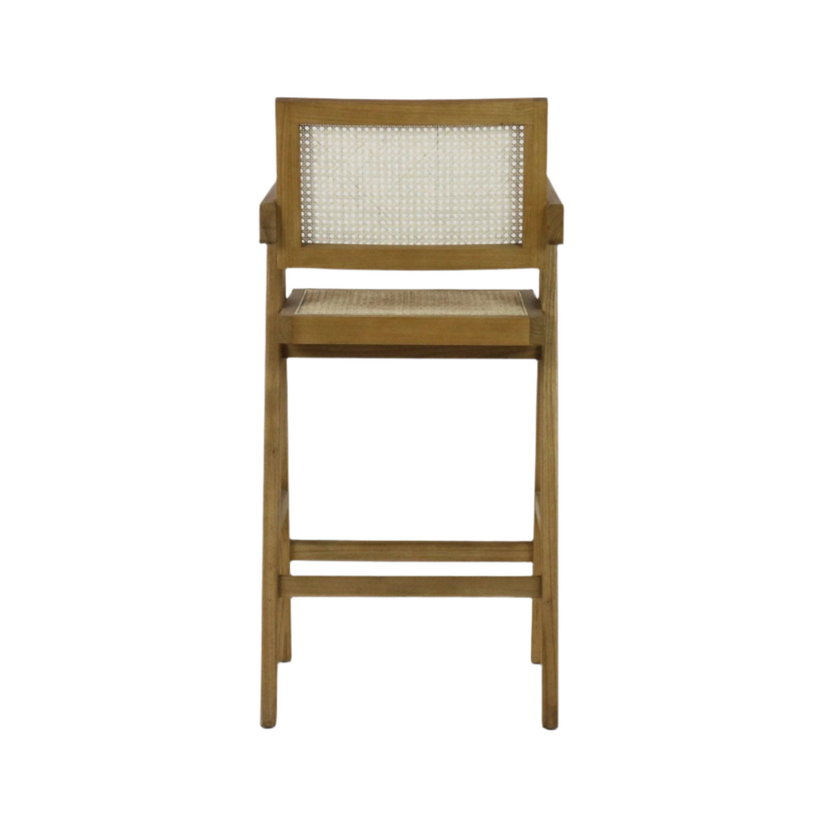 Front view of a natural wood bar stool with woven rattan seat and caned backrest, square slim frame and short armrests finished in blonde natural wood for a mid-century modern look.