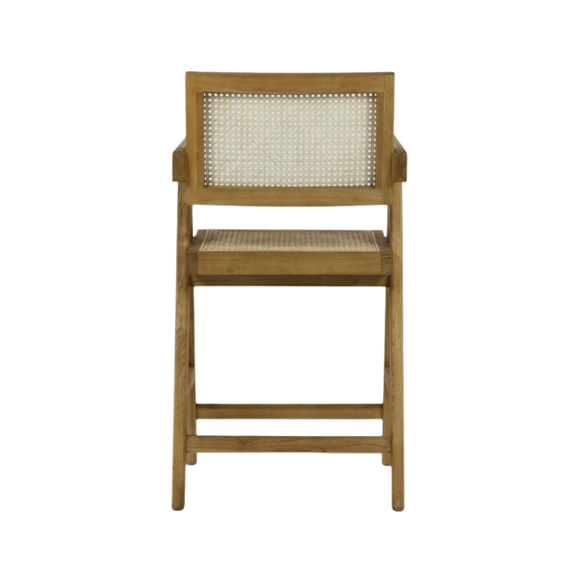 Front view of a natural wood counter stool with woven rattan seat and cane back, slim straight legs and short armrests in a mid-century modern style.