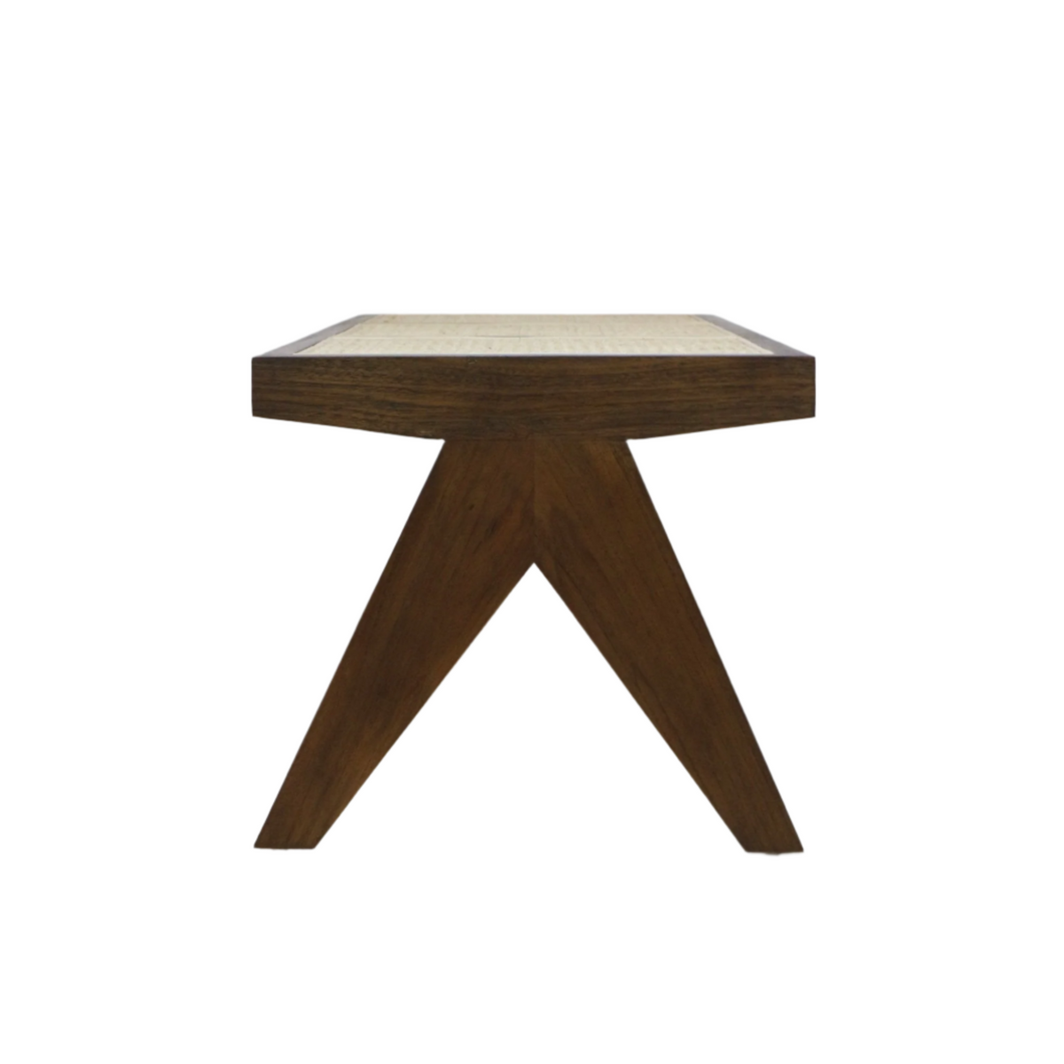 Front view of a natural solid wood bench with a woven cane (Vienna weave) seat and sculpted V-shaped legs, a mid-century modern backless design in a warm natural finish.
