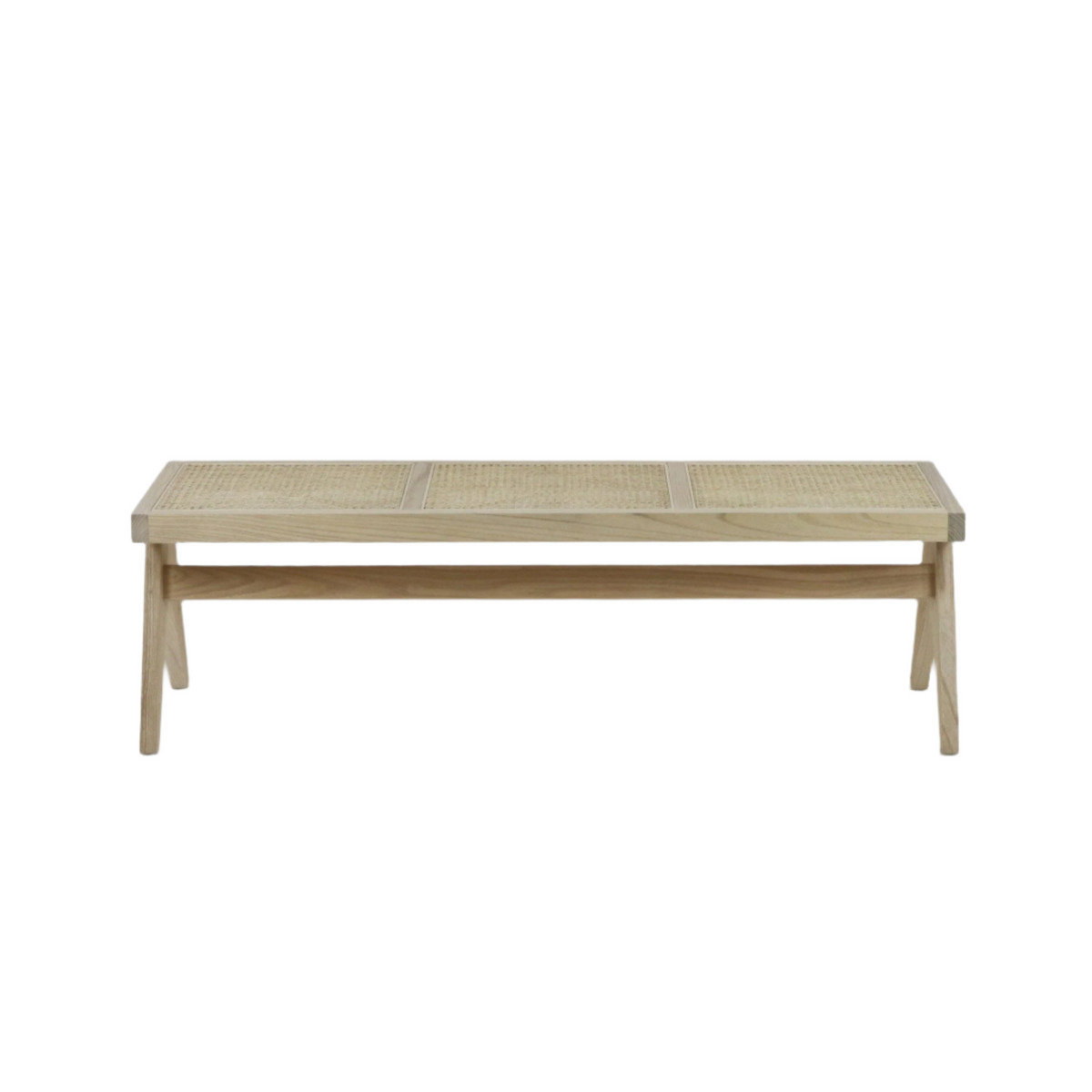 Backless bench with a natural solid wood frame and three-panel cane-woven seat, tapered legs and central stretcher for support, minimalist mid-century modern style in a light natural finish.