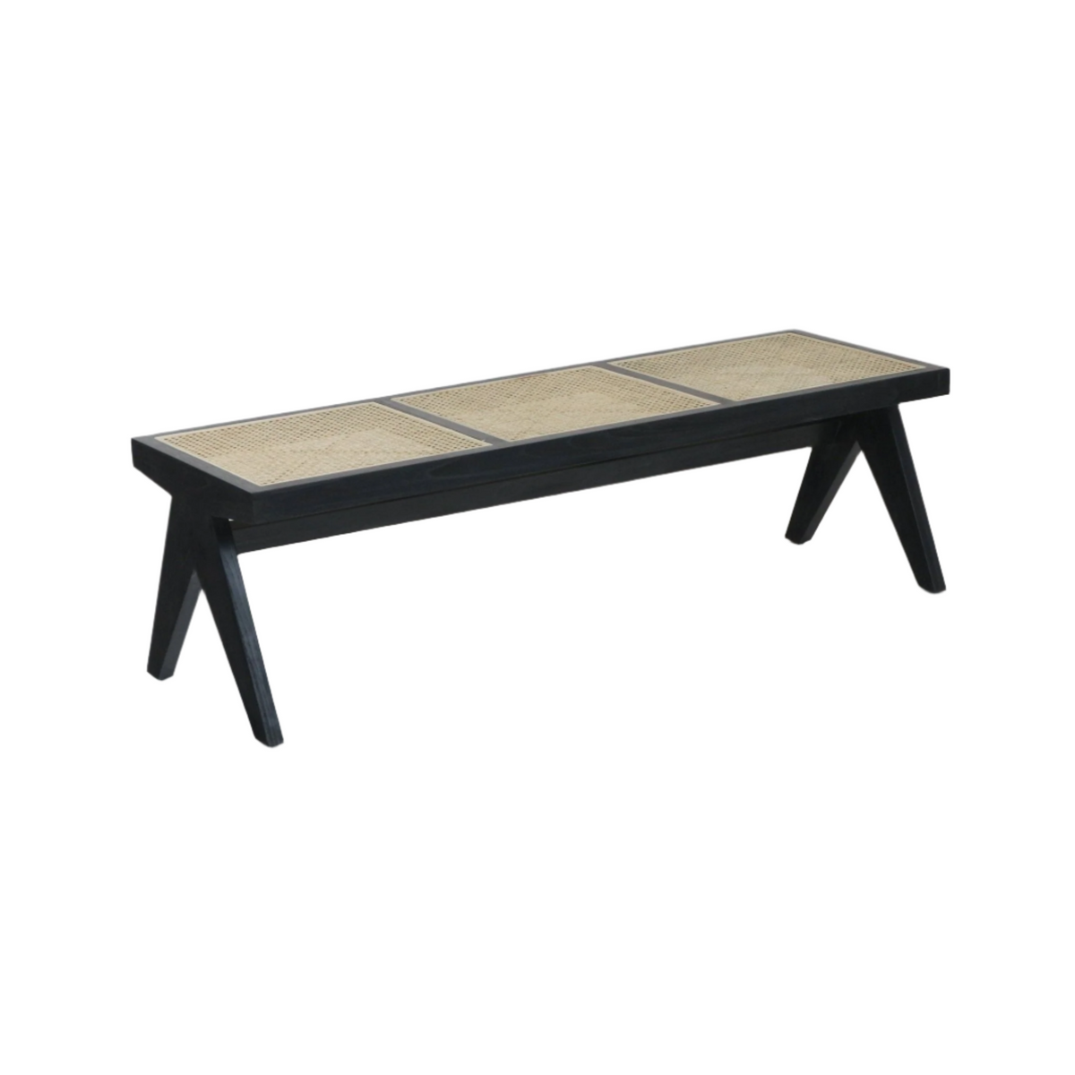 Backless natural cane bench with three woven cane panels set into a black solid wood frame and angled A-shaped legs, a modern minimalist indoor dining or entryway bench.