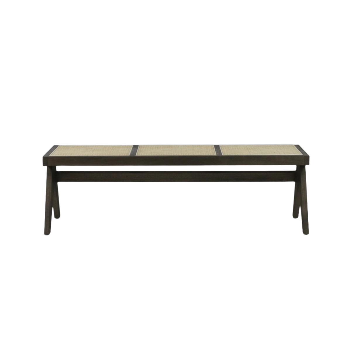 Backless natural wood bench featuring three woven cane seat panels, angled tapered legs and a low stretcher in a mid-century modern silhouette with a natural wood finish.