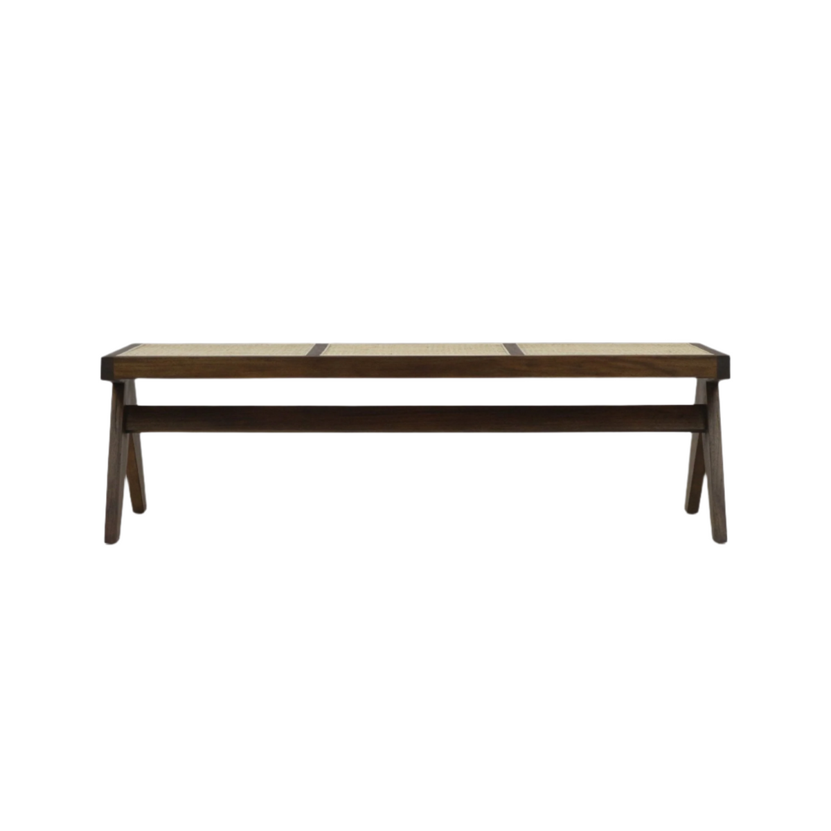 Backless natural wood bench with three cane-woven seat panels, solid angled legs and stretcher in a warm teak finish, shown on a white background.