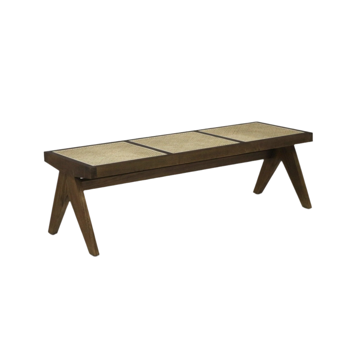Backless natural wood bench with three woven cane seat panels set into a solid rectangular frame and angled splayed legs, finished in warm natural wood for a modern minimalist look.