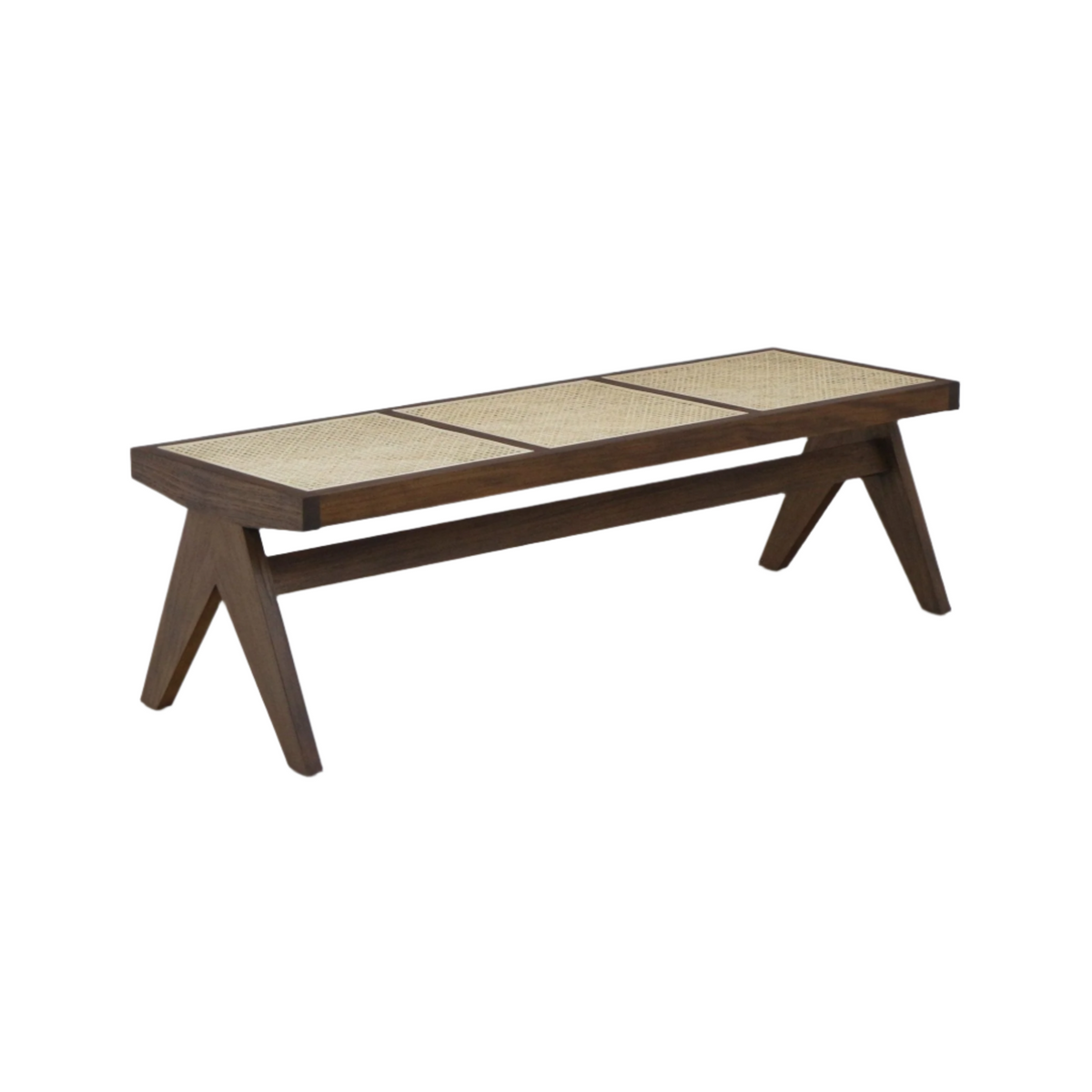 Backless solid-wood bench with a three-panel natural cane (Vienna weave) seat, warm brown finish, angled A-frame legs and stretcher support in a minimalist modern style suitable for dining or entryway.