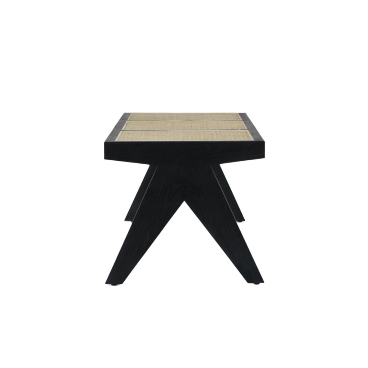 Front view of a modern backless indoor bench with natural cane seat panels framed by black solid wood and paired X-shaped legs on a white background.